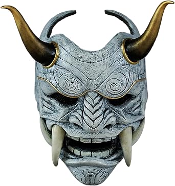 Oni Mask - Scary Full Face Samurai Mask with Fangs & Ox Horn, 11x9.5 Horror Devil with Elastic Band for Halloween Cosplay
