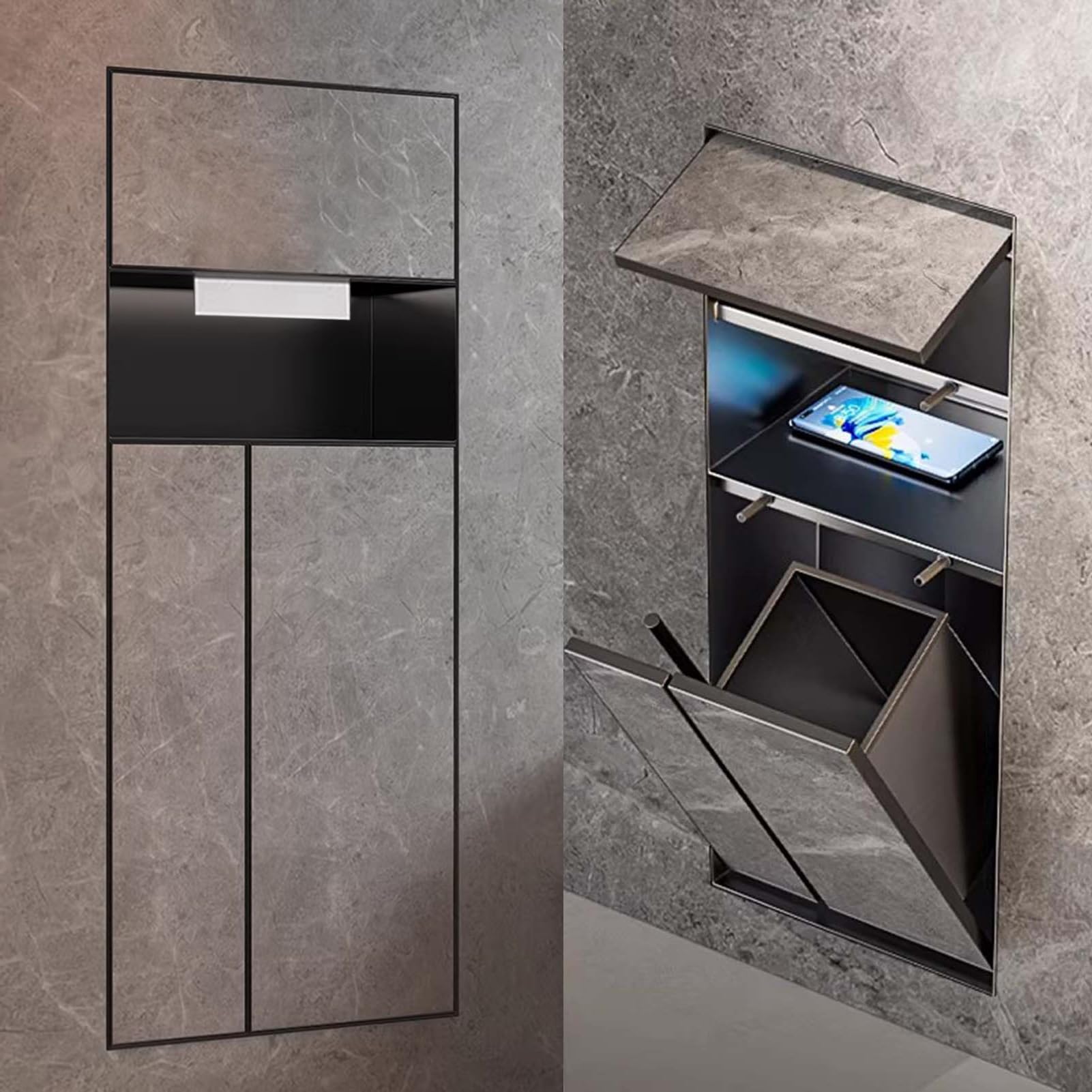 Portarotolo da Incasso per Carta Igienica per Bagno, Nicchia Doccia a Scomparsa Piastrellabile, Dispenser Carta Igienica Incasso con Cestino per i Rifiuti