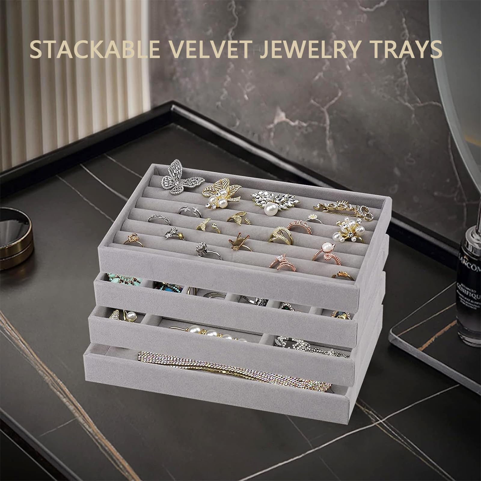 Set 6 Vassoi Portagioie In Velluto Beige - Organizer Impilabile Per Cassetti, Per Anelli, Orecchini, Bracciali