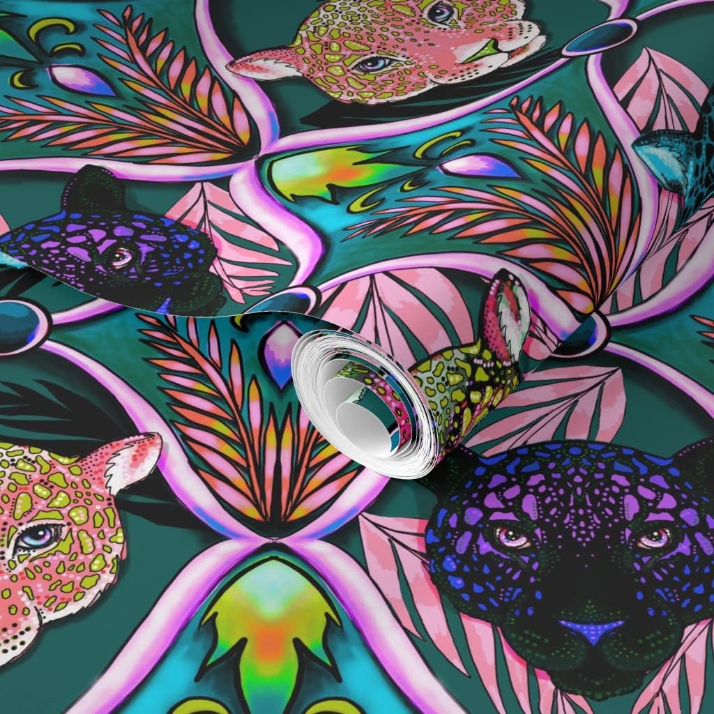 Removable Wallpaper Swatch - Maximalist Neon Ogee Teal Retro Leopards Tropical Jungle Animal Print Custom Pre-Pasted Wallpaper by Spoonflower