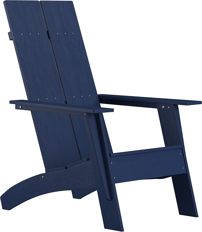 Flash Furniture Sawyer Modern Commercial 2-Slat Back Adirondack Chair - Navy Blue Commercial All-Weather Poly Resin Lounge Chair | All-Weather Poly Resin, Indoor/Outdoor, Commercial Grade, 350 LB Capacity