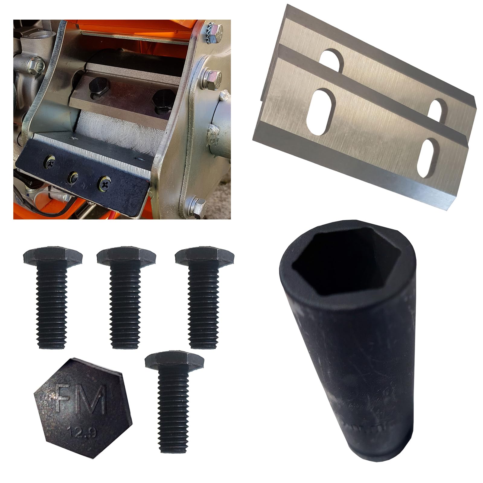 Juego de 3 cuchillos para FM4DDE FM6DD y FM6DDES (2 cuchillas reversibles, 4 tornillos y tuerca de 16 mm)