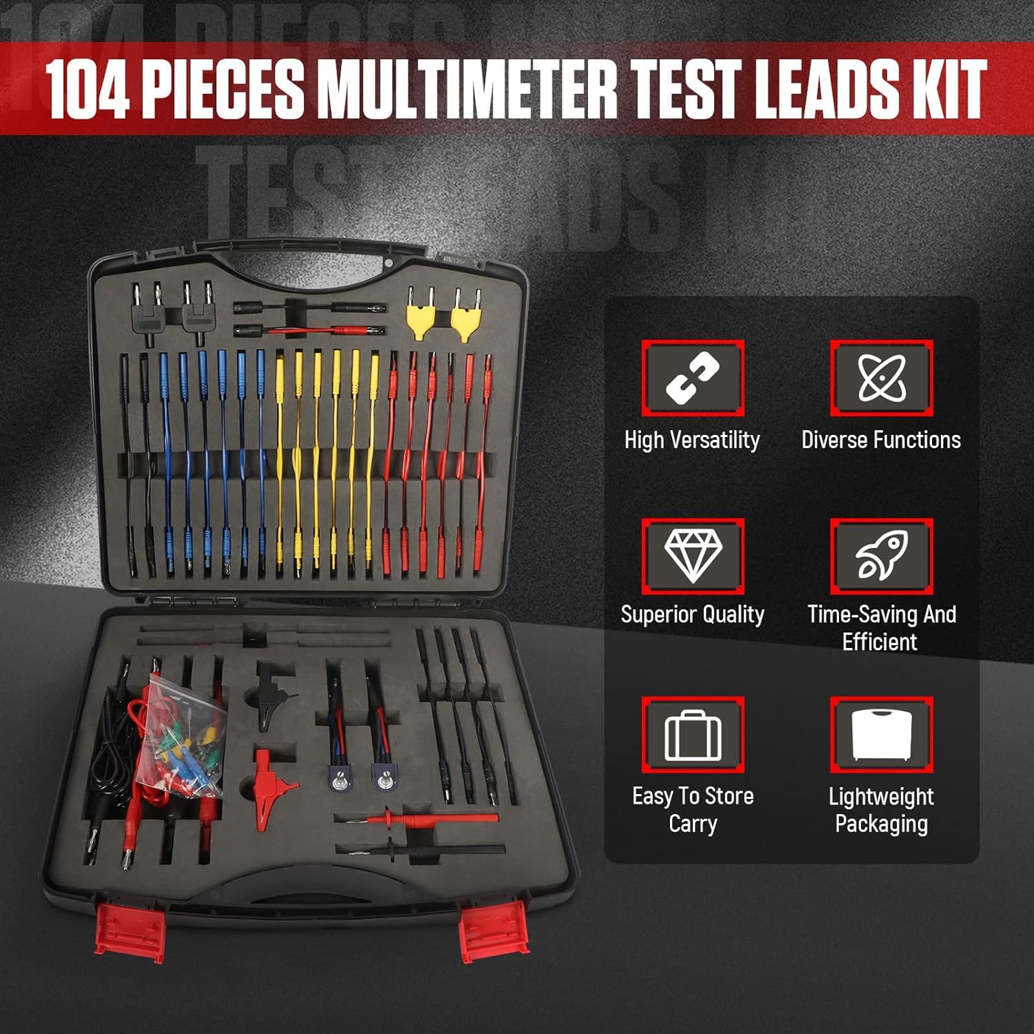 Multimeter Test Leads Kit 104 pcs Automotive Circuit Test Leads Relay Tester Electrical Test Back Probe Set Wire Connector with Gold-Plated Multimeter Probes,Alligator Clips,Test Hooks