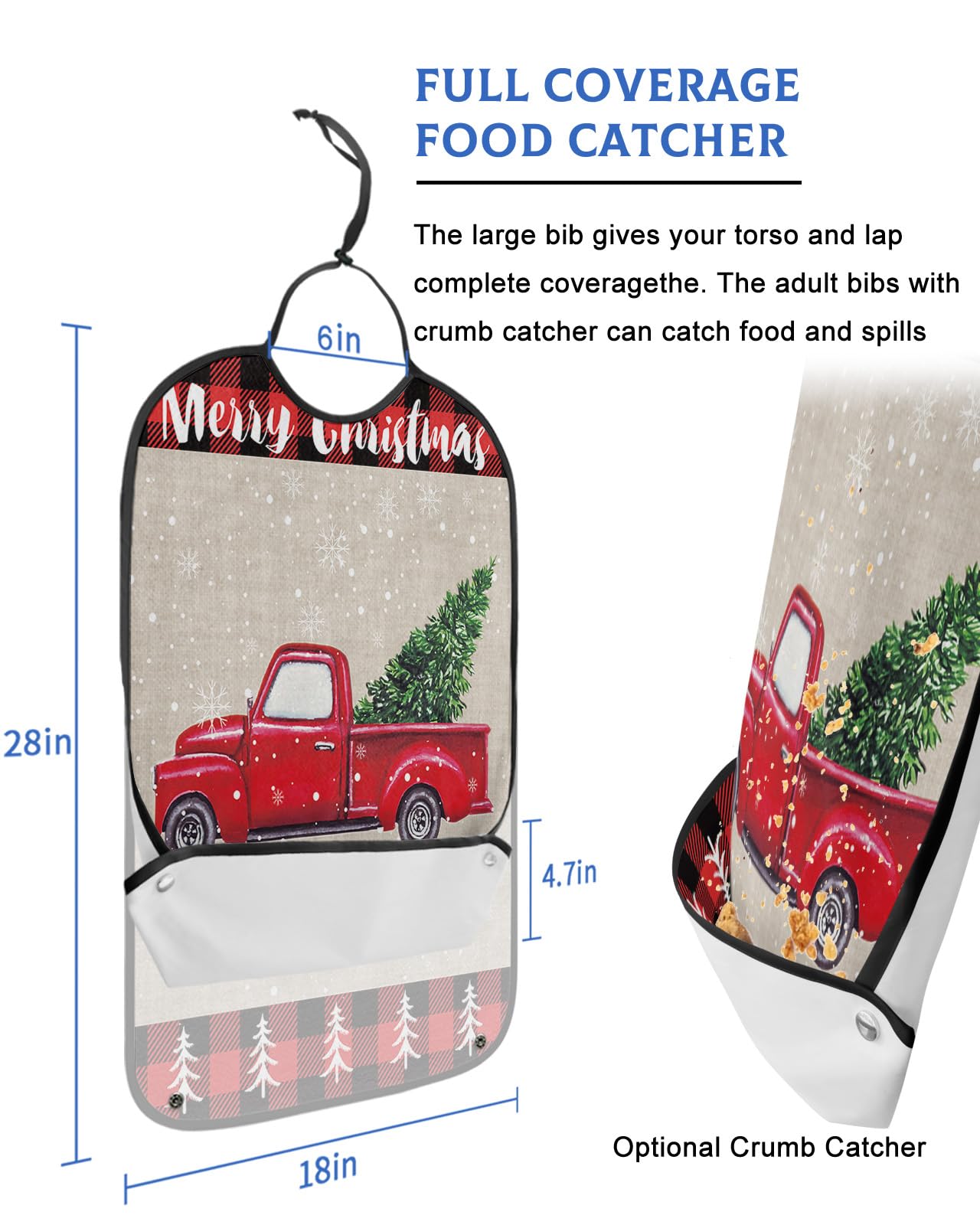 Christmas Truck Adult Bibs for Eating, Waterproof Bibs with Food Catcher & Adjustable Snap Closure, Red Black Plaid Snowflake Xmas Tree Washable Clothing Protectors Adult Bibs for Elderly Women/Men