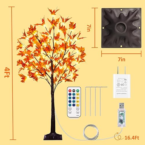 Miniatura 5 de Remon Árbol de arce iluminado con 60 luces LED de 4 pies, árbol de otoño artificial con 6 bellotas, control remoto, 8 modos intermitentes,