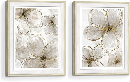 Arte de pared enmarcado para dormitorio con flores Arte floral para sala de estar o baño, 2 piezas, moderno, naturaleza, botánico, impresión en oro