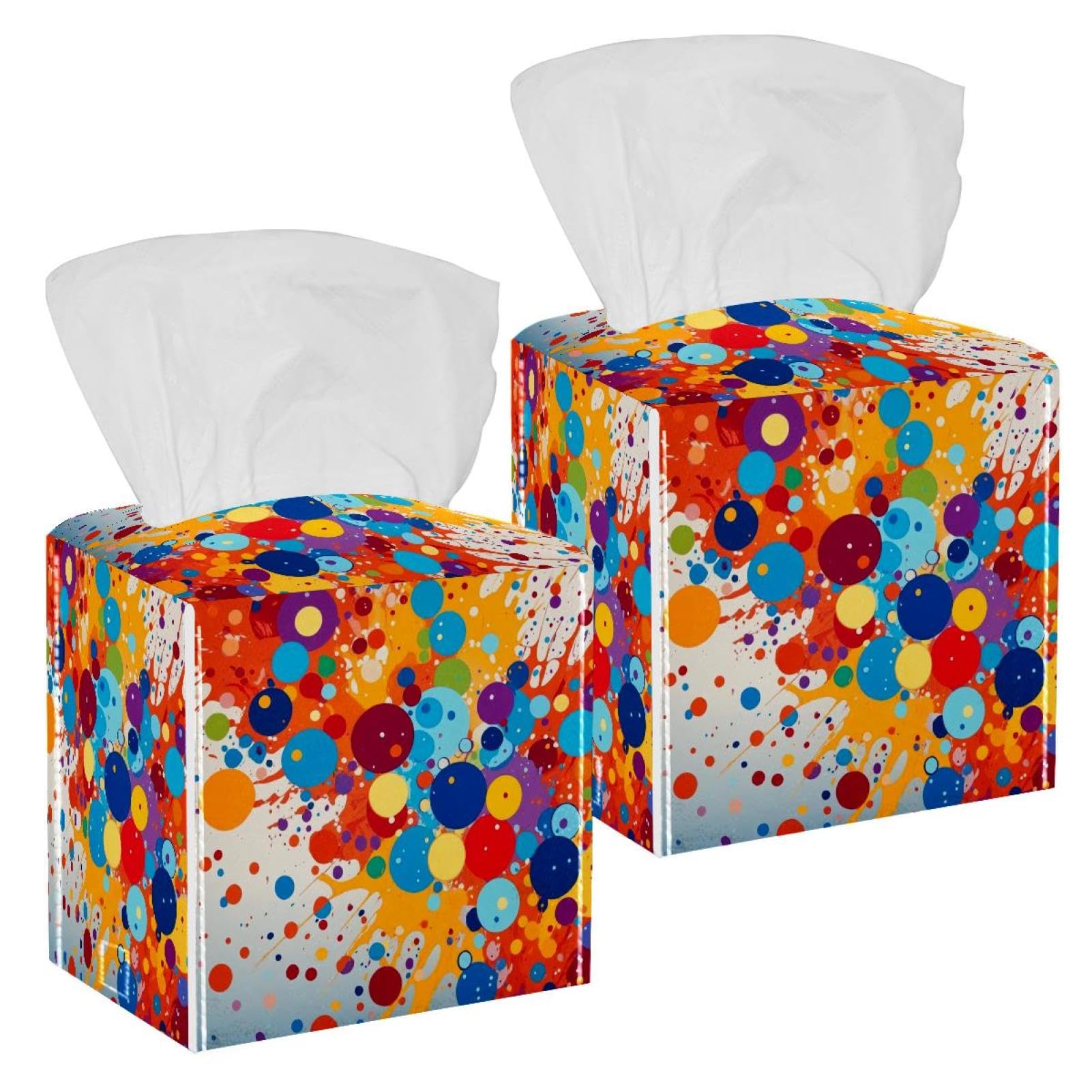 Colorful Circles Tissue Box Cover, 2 Pack PU Leather Square Facial Tissue Dispenser Box holder for Home Office Car