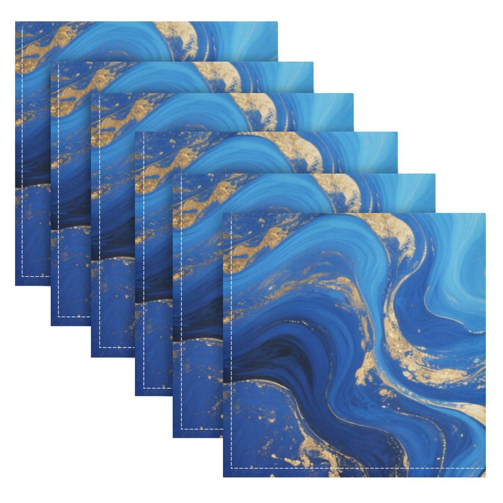 Serviettes de table en tissu écologique marbre bleu azur et or grand format 50x50 cm