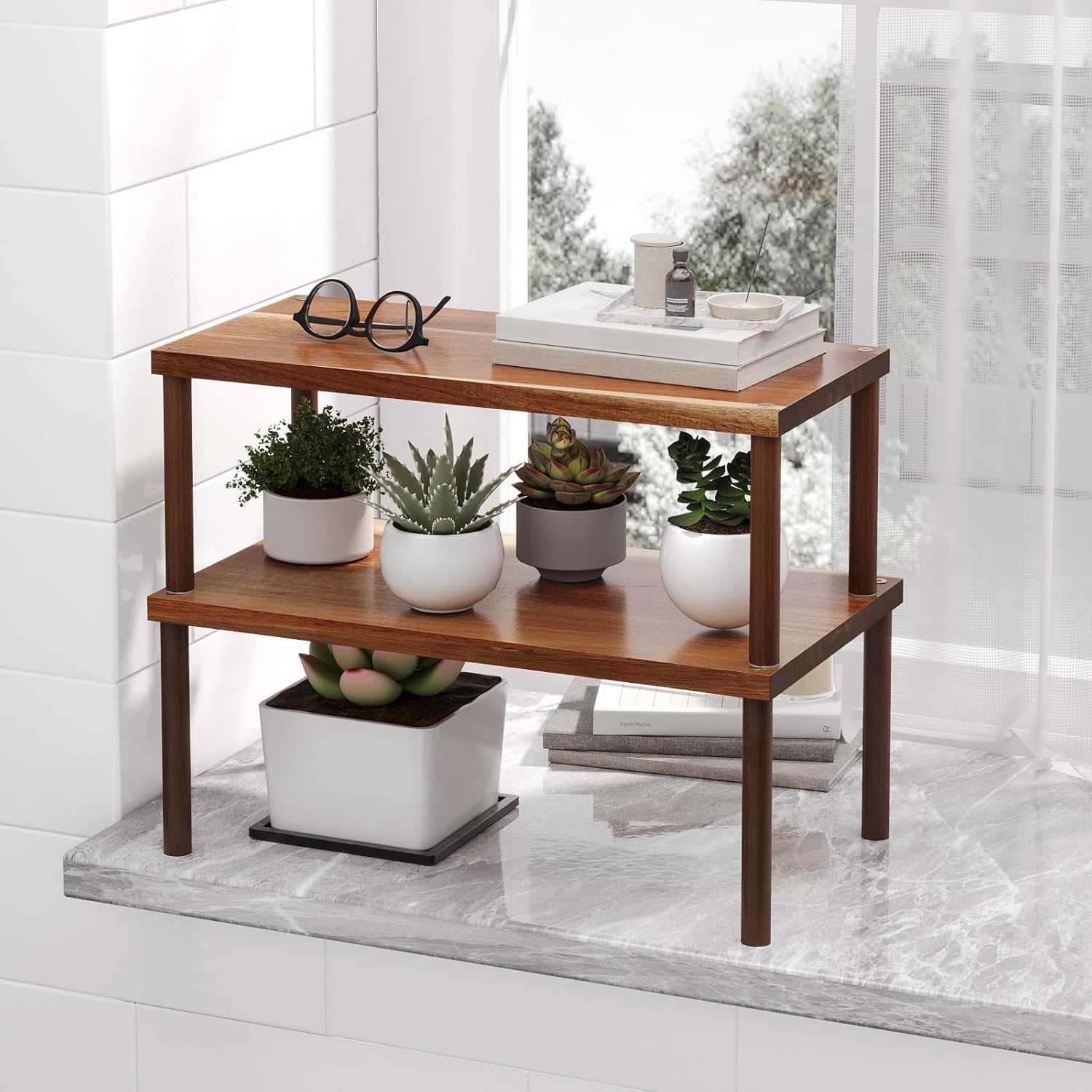 VERTORGAN Cabinet Organizer Shelf(Set of 2),Kitchen Counter Shelves,Acacia Wood Spice Rack Countertop and Cabinet,Stackable Expandable,Large