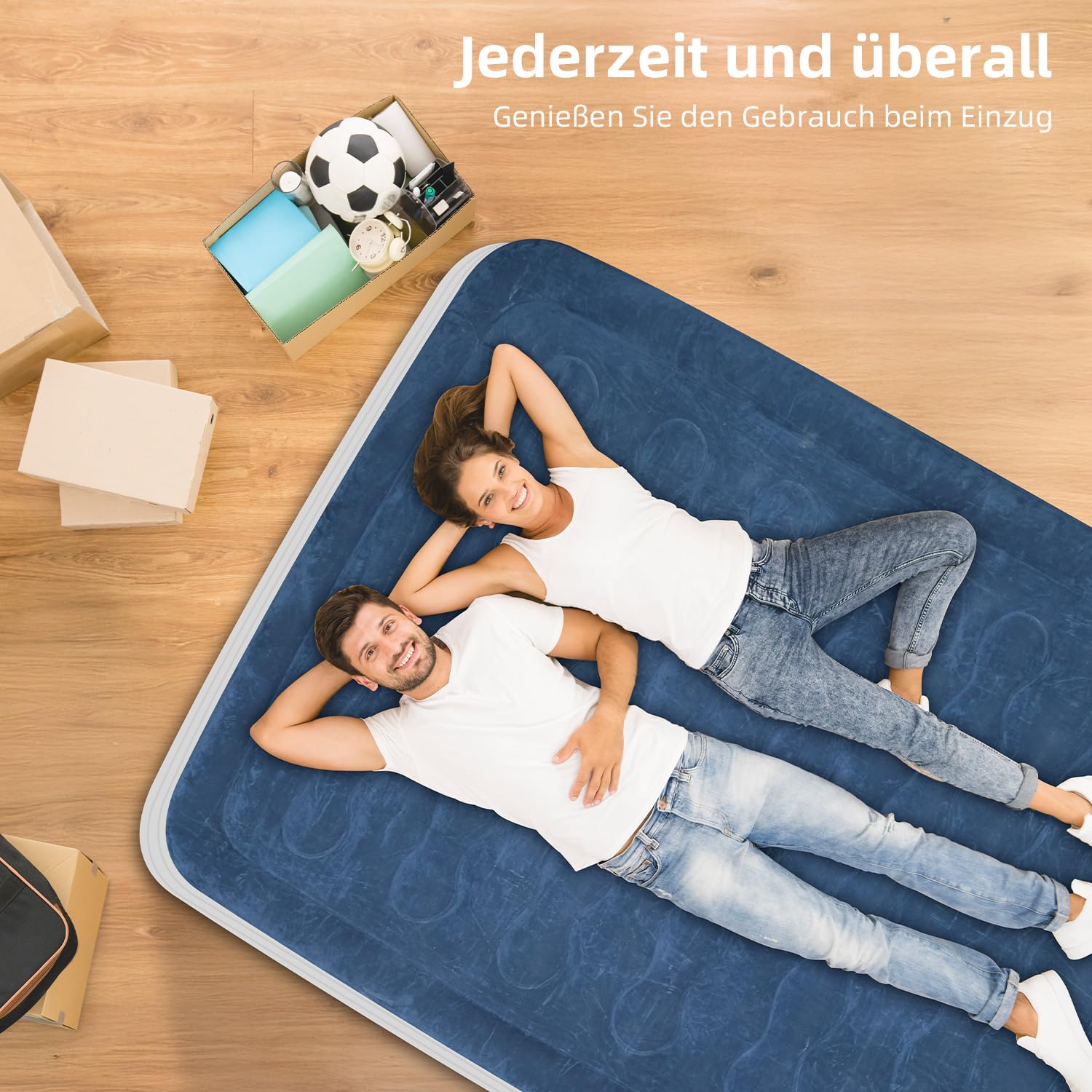 Selbstaufblasende Luftmatratze 203x152x46cm - Luftbett mit 6 Stützsäulen, 300kg Tragkraft, 48h leckgetestet, inkl. Autoluftpumpe, für Camping, Gäste, Zuhause