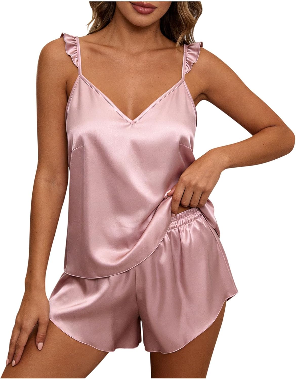 Xiaojmake Satin Shorts Pajama Set for Women Sexy Silk Pjs for Women Set V Neck Camisole Top and Shorts Comfy Soft Sleepwear