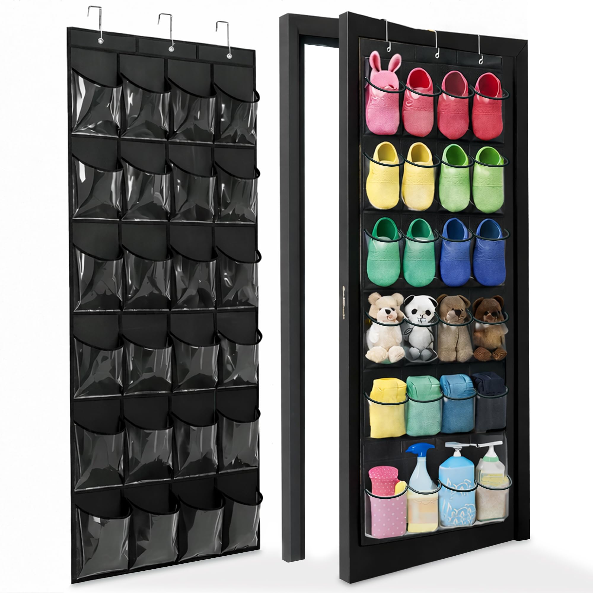 Over The Door Shoe Organizer - Space Saving Shoe Rack for Closet Door with 24 Crystal Clear Pockets and Metal Hooks, Shoe Holder Back of Door