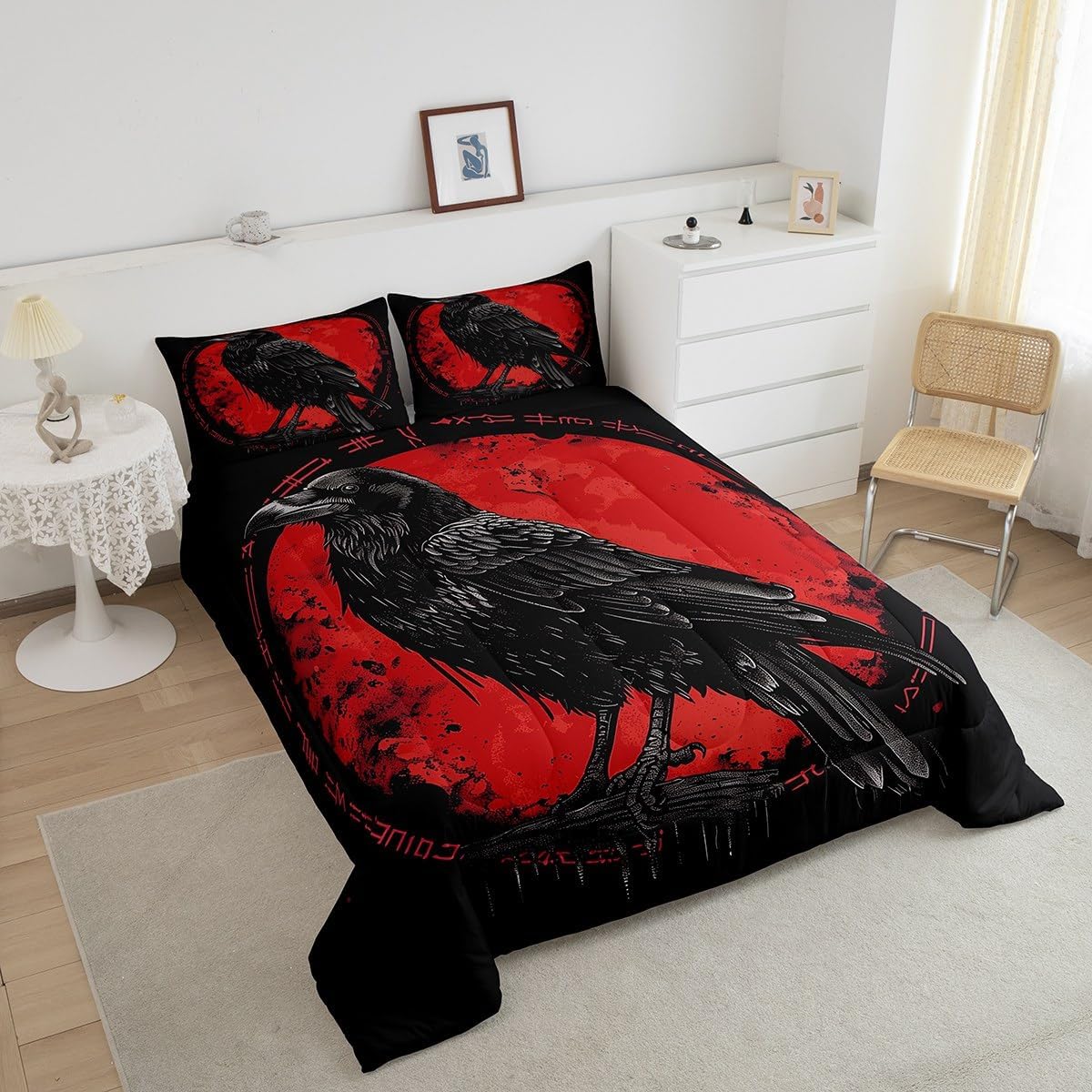 Erosebridal Viking Queen Size Bedding Set for Kids Boys Teen,Black Raven Bedding Comforter Sets Bird Animal Comforter Set Norse Mythology Viking Duvet Insert 2 Pillow Cases