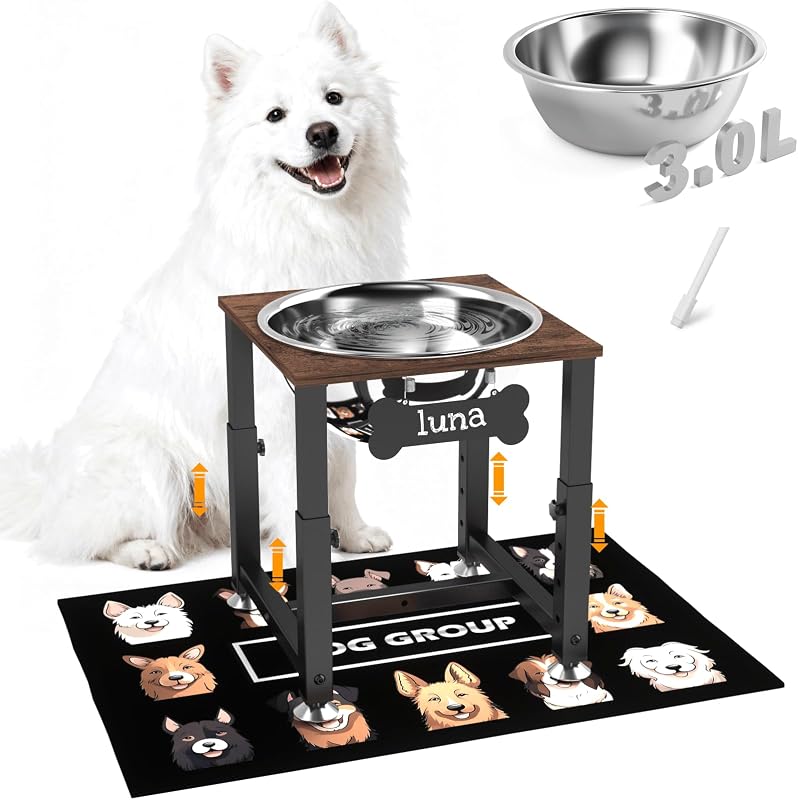Comedouro Elevado para Cães ADENGL com Tigela de Aço Inoxidável, Altura Ajustável e Tapete Antiderrapante 3,03 L