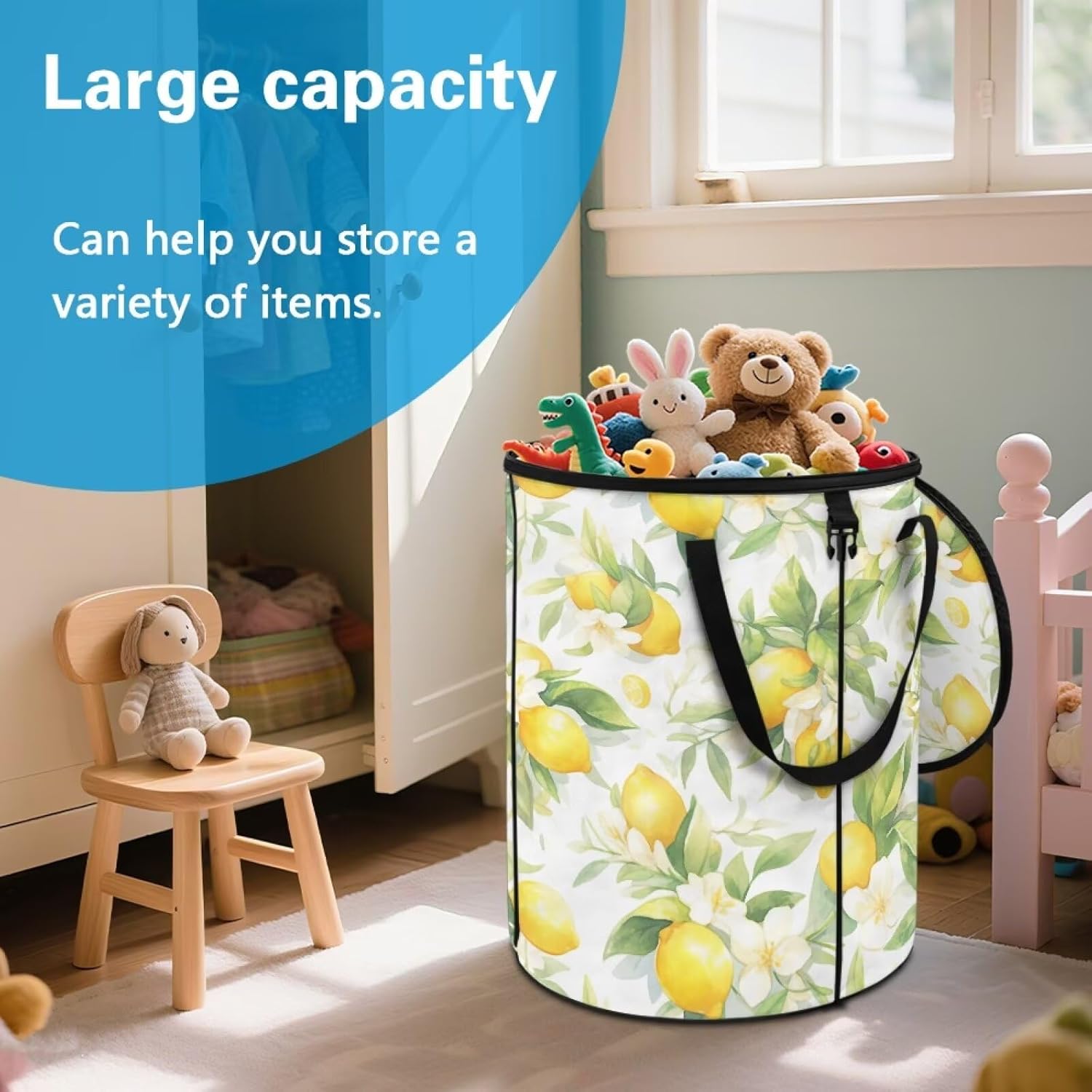 Collapsible Trash Can, 24 Gallons Camping Trash Can with Zippered Lid and Handle, Reusable Garbage Can for Outdoor Yard Waste Bags, Lemon