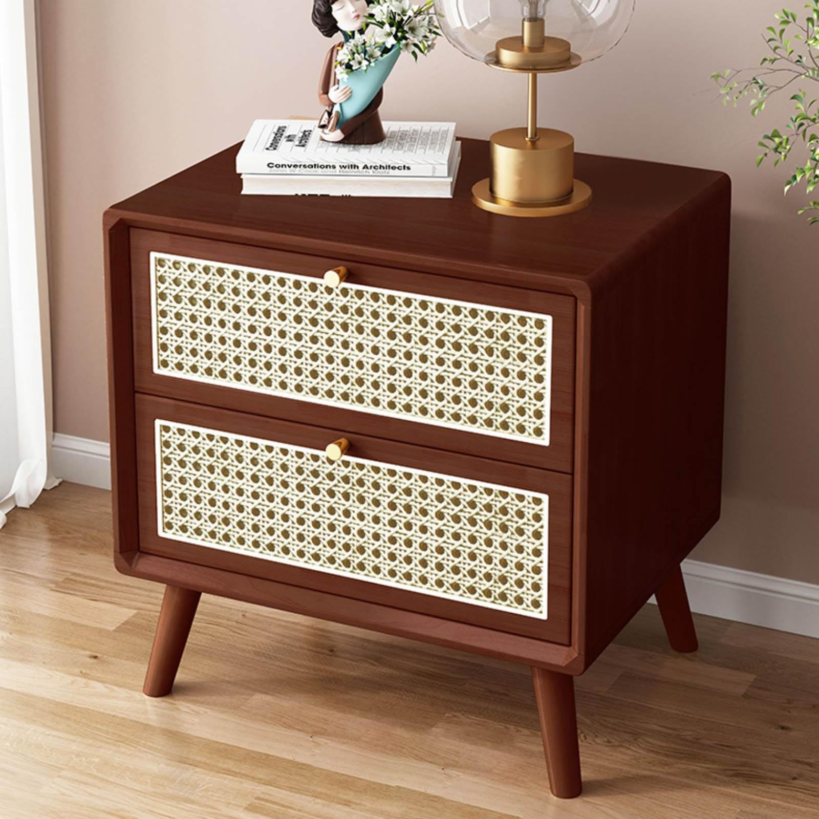 Table de chevet bois et rotin meuble d'appoint de chambre