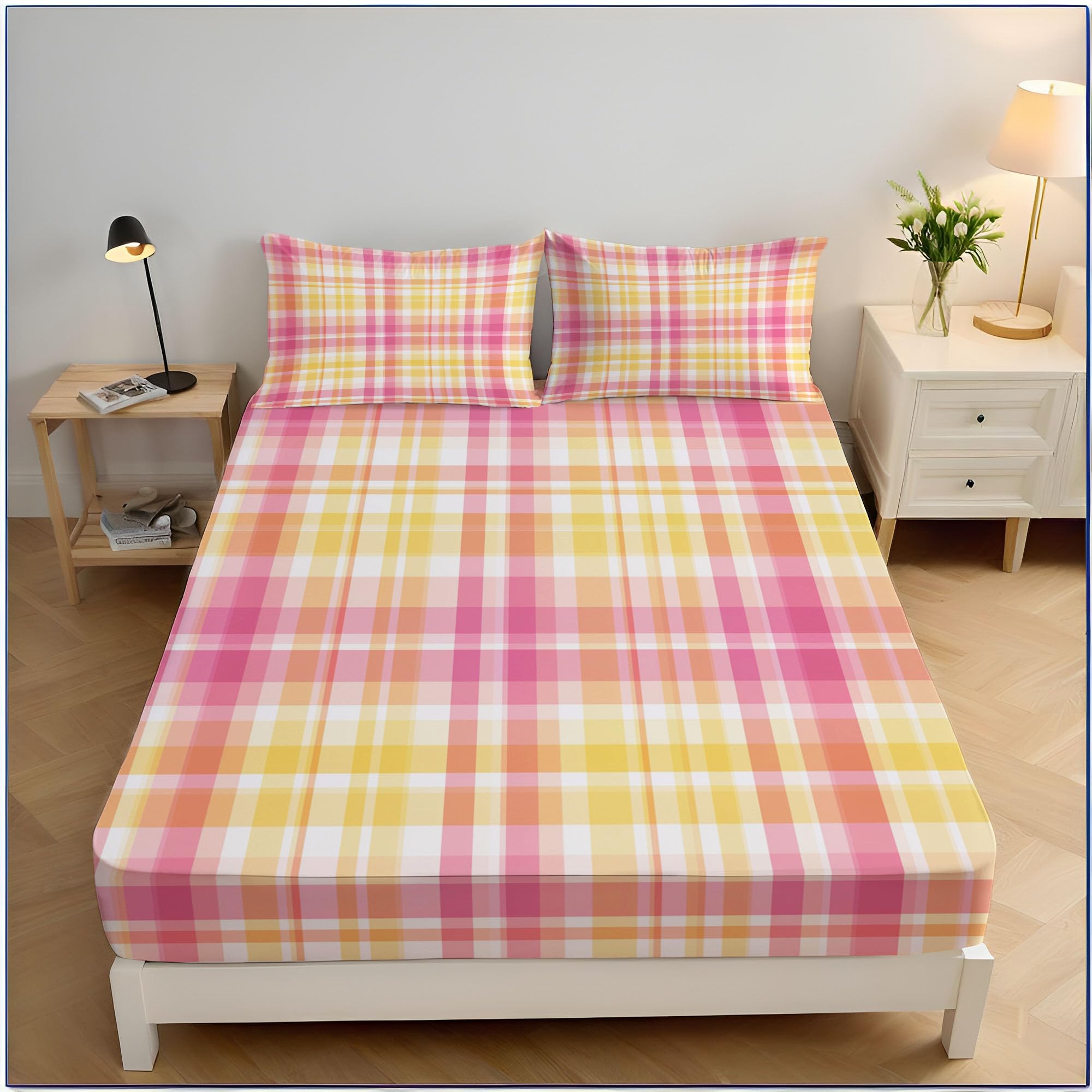 Drap housse respirant et antidérapant plaid rose 140x200