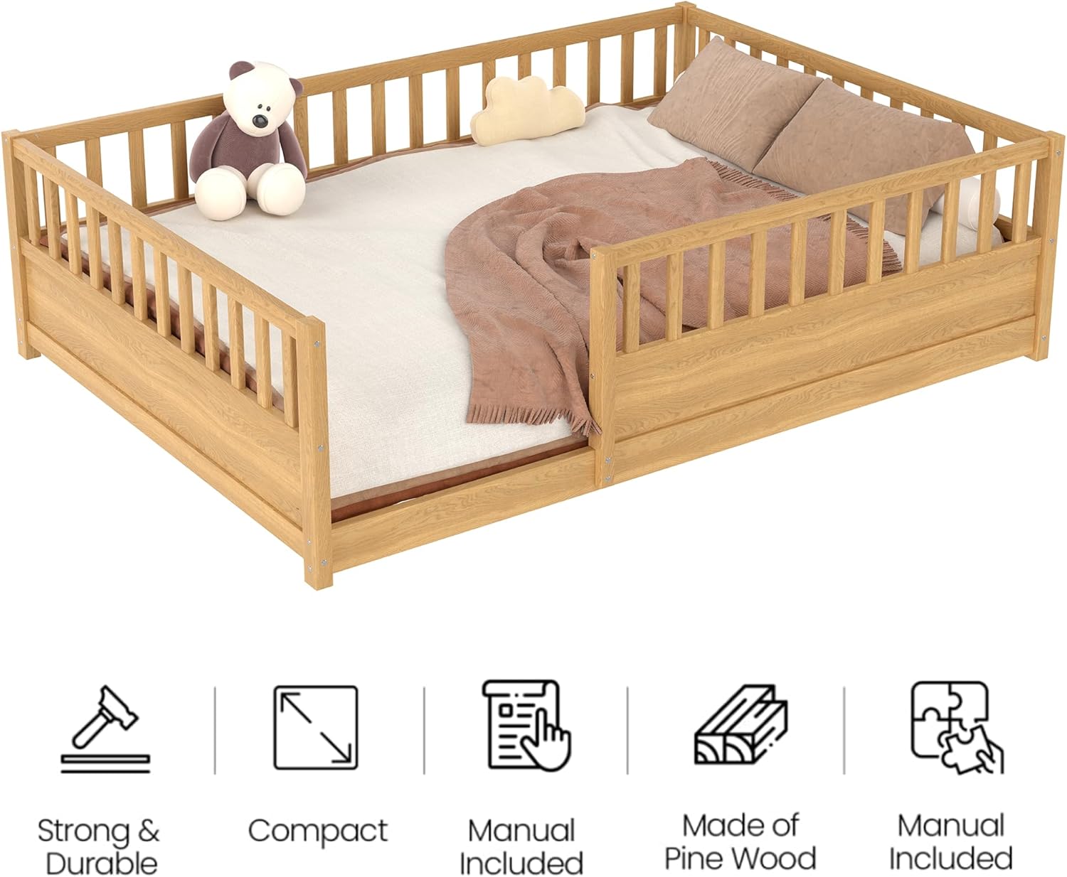 Montessori Floor Bed with High Rails, Full Size Floor Beds with Slats for Girls Boys, Solid Wood Low to Ground Crib Transition Bed for Kids Sleep, Play & Reading,Natural