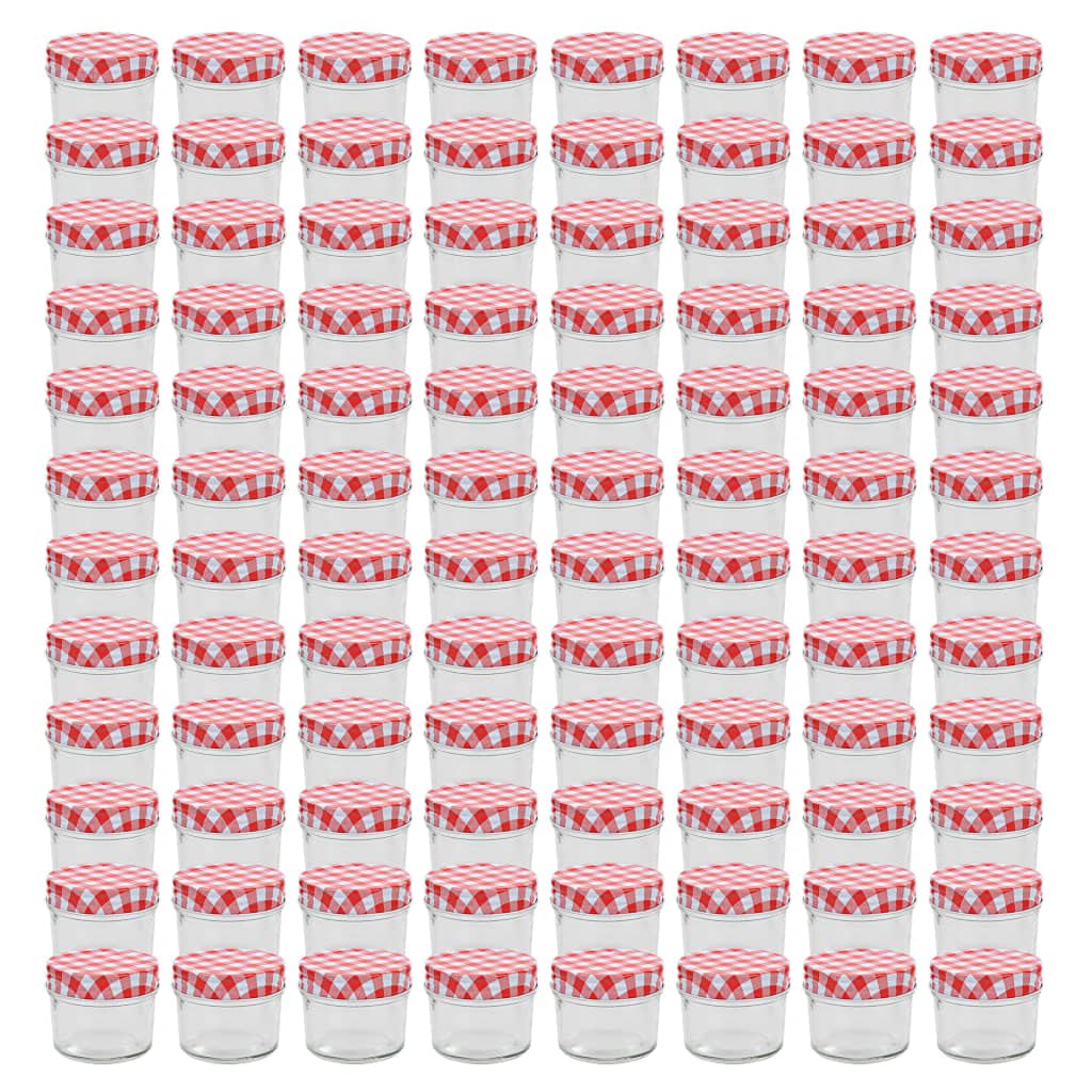 96 transparente Einmachgläser 110 ml mit rot-weißen Deckeln, ideal für Marmelade, Chutney, Essiggurken und Saucen, mit weitem Mund für einfaches Befüllen und Entnehmen.