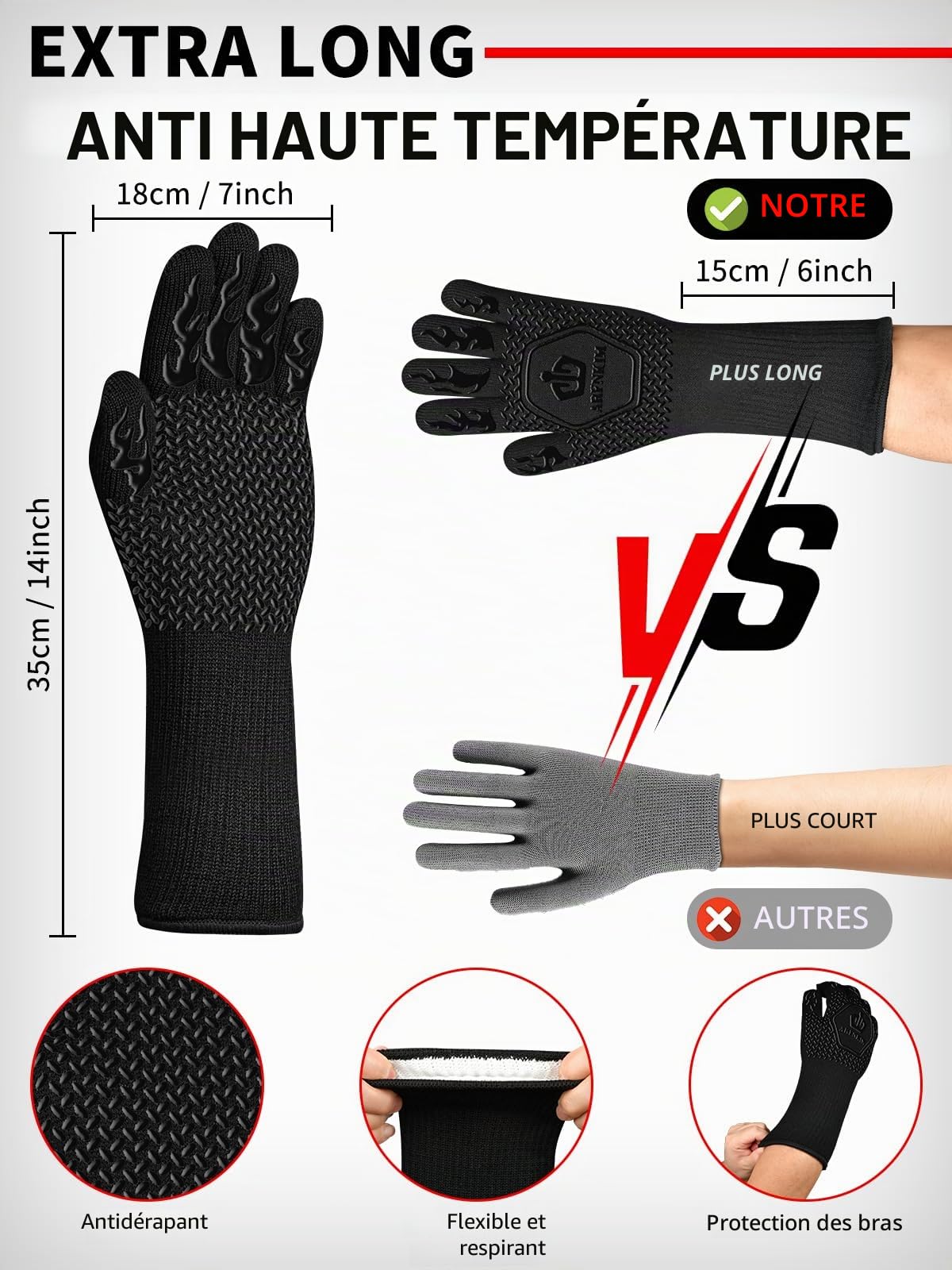 Gants de cuisine résistants à la chaleur jusqu'à 800 °C, antidérapants, noir