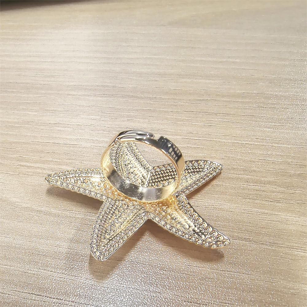 Dtja Big Starfish Statement Ring for Women Gold Plated Fashion Adjustable Expandable Ocean Sea Marine Beaded Star Shaped Open Wrap Finger Rings Comfort Fit Holiday Y2K Party Jewelry - Image 6