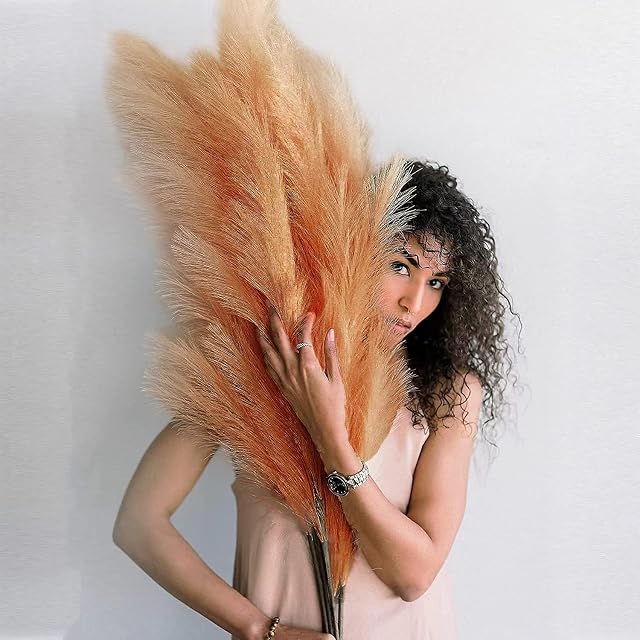 Faux Pampas Grass Large,43"/110cm 3 Stems Artificial Pampas Grass Decor,Tall Fluffy Pampas Grass, Artificial Flowers Floor Vase Boho Decor for Home Wedding Arrangement Maple Leaf Colour