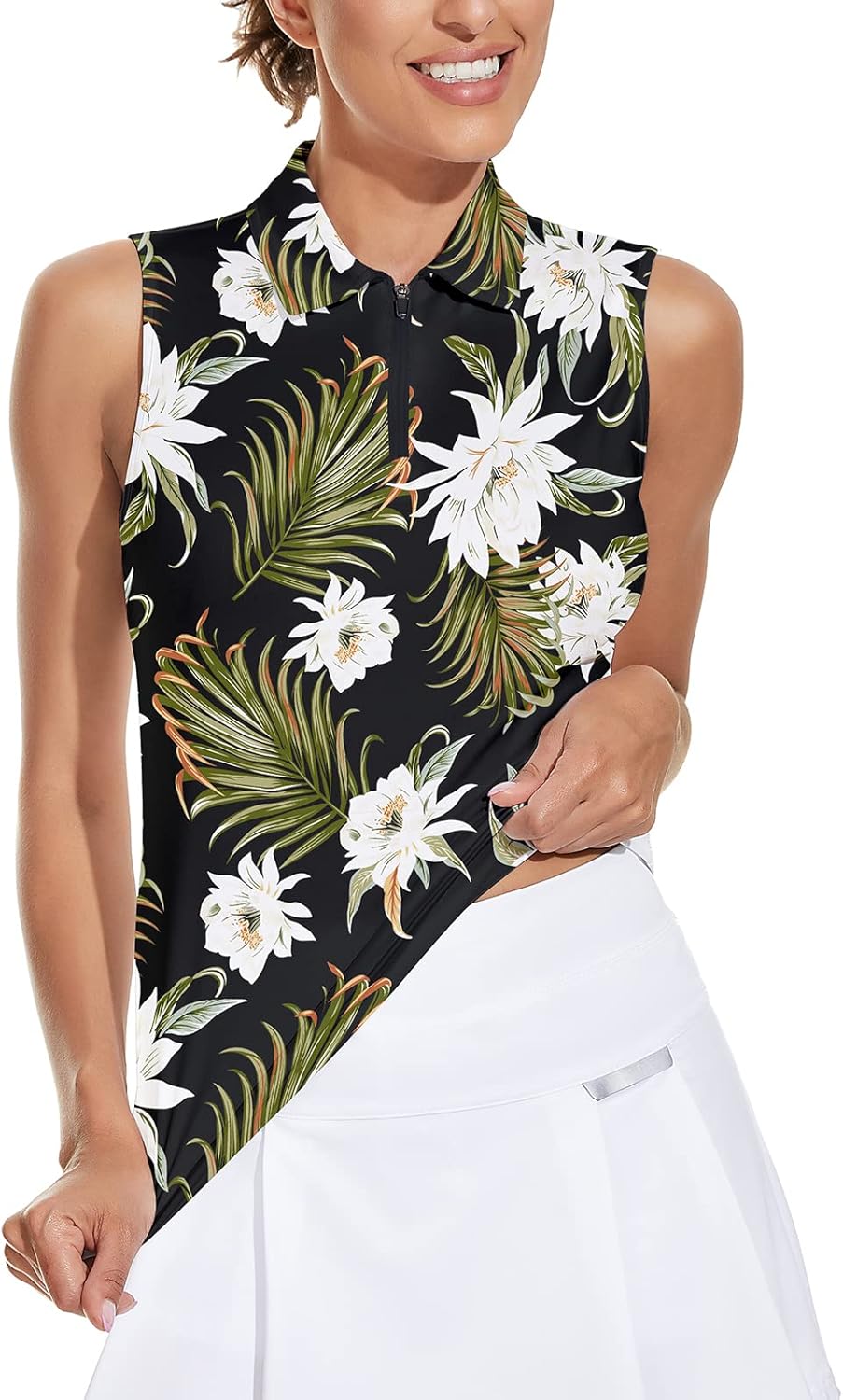 Soneven Women's Sleeveless Golf Top Floral Athletic Golf Wear Moisture Wicking Sleeveless Polo Quick Dry
