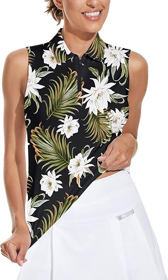 Soneven Womens Sleeveless Golf Top Floral Athletic Golf Wear Moisture Wicking Sleeveless Polo Quick Dry