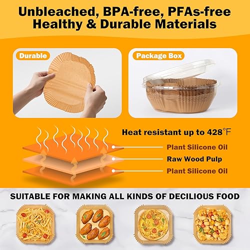 Miniatura 6 de 375 forros de papel para freidora de aire, cuadrados de 8 pulgadas, desechables, papel pergamino resistente para freidora de aire de 5 a 8 cuartos