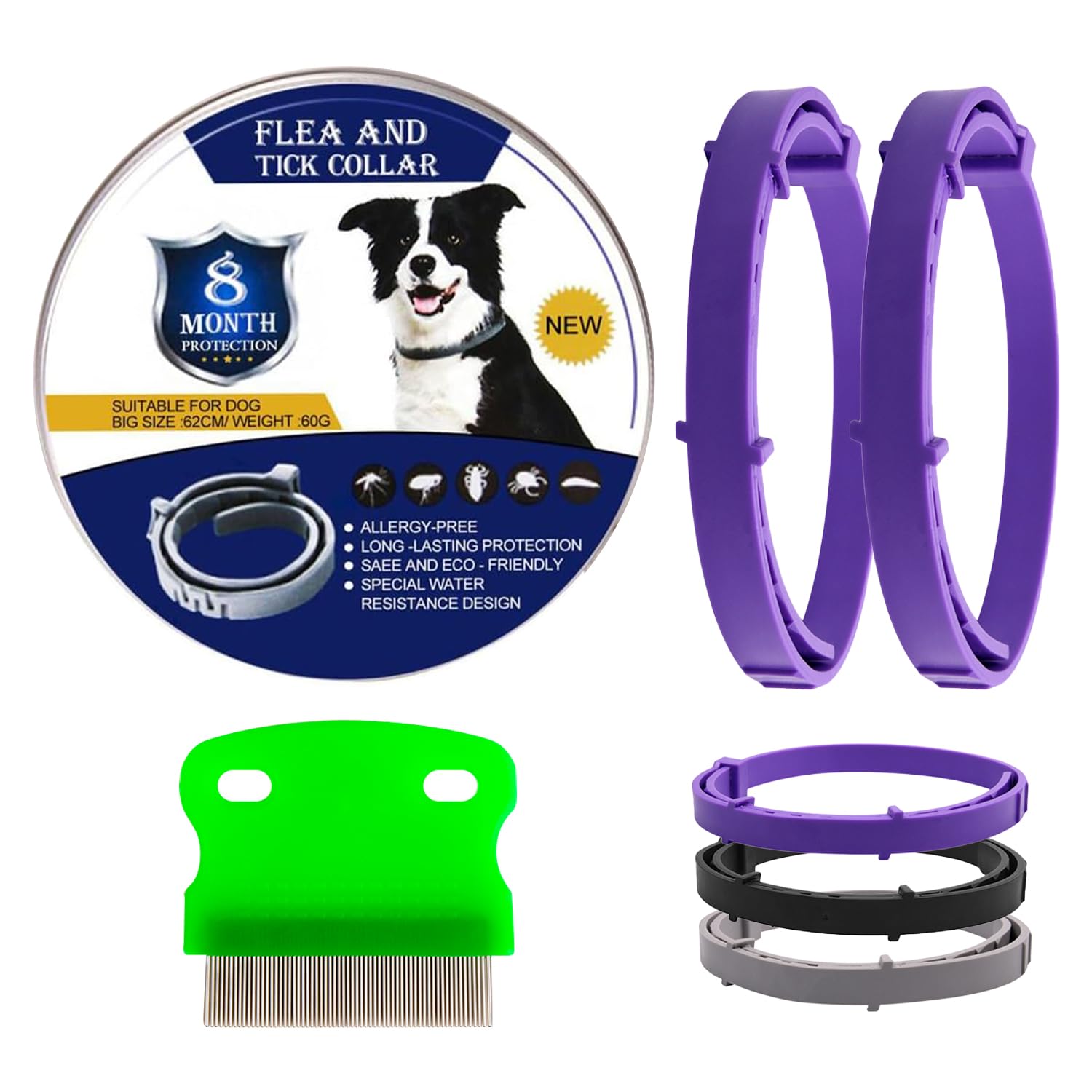 LUSARIS - Pack 2 Collar Antiparasitario Perros + Peine Antipulgas - Collar Antipulgas Perros con 8 Meses de Protección contra Garrapatas y Pulgas - Collar Perro Antiparasitario Talla Única