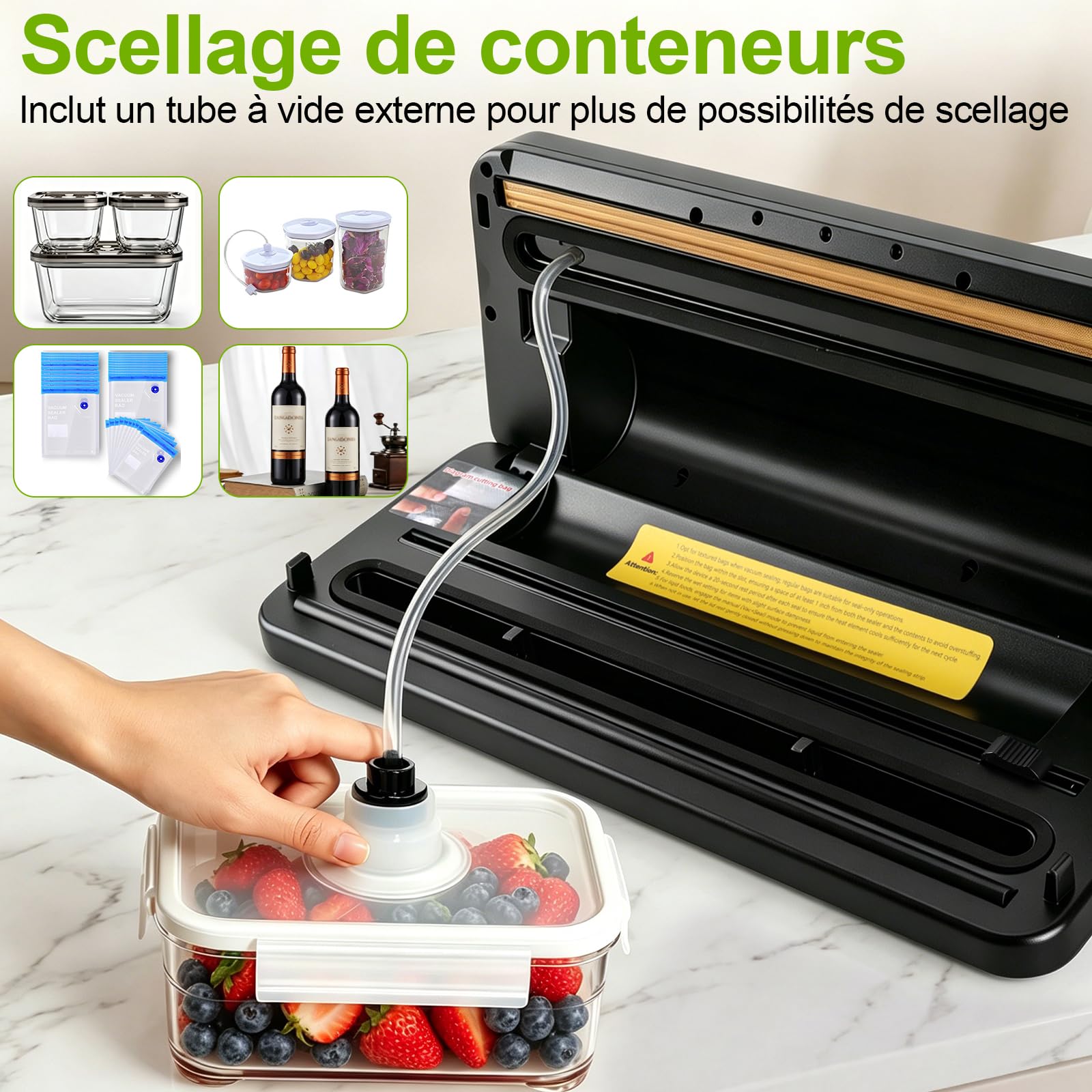 Machine Sous Vide Alimentaire, Automatique Secs et Humides Appareil de Mise Sous Vide, Machine vide Appareil Professionnel avec Cutter intégré, 20 sacs sous vide, 1 sac enroulable et Tube Sous Vide