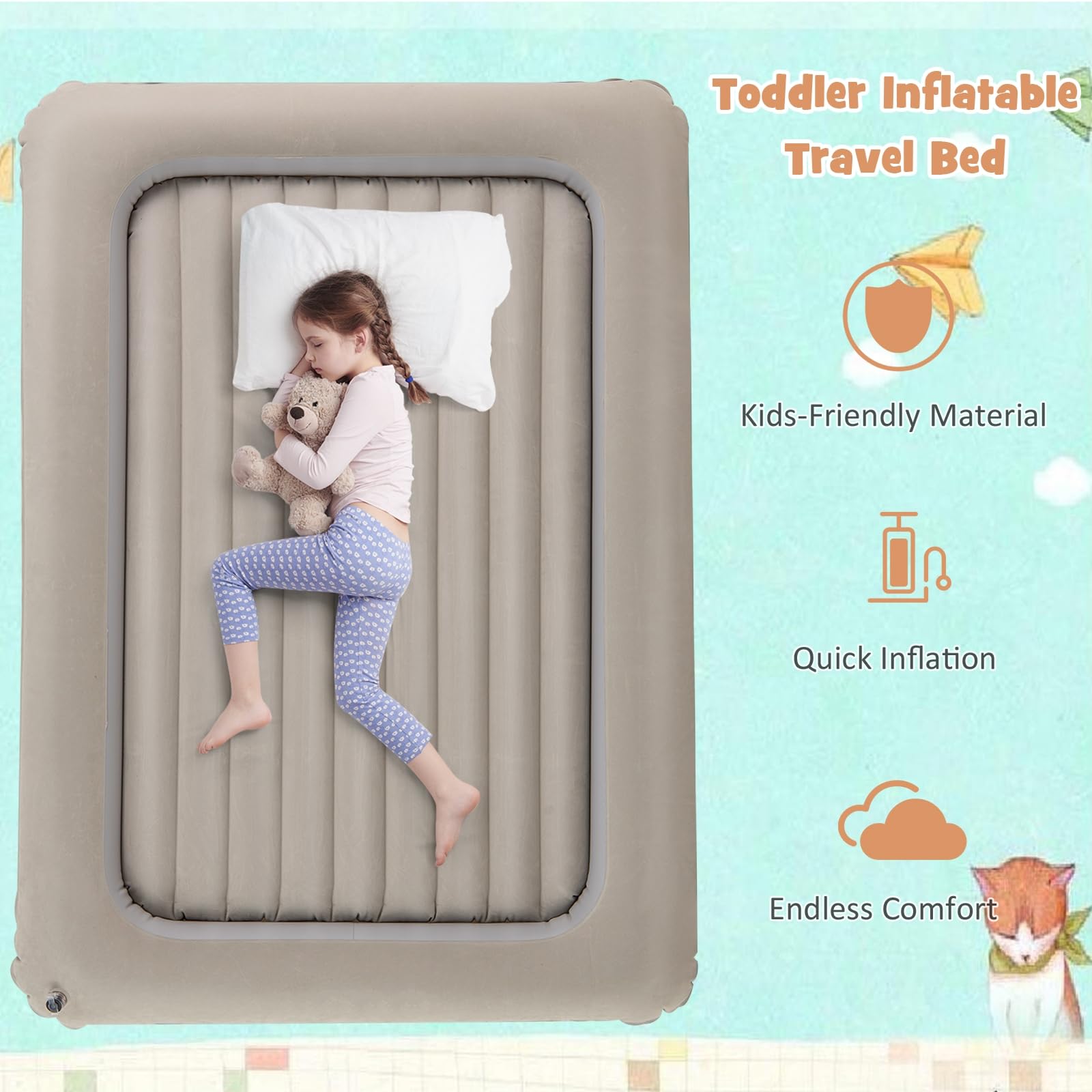 LIFEZEAL Materassino Gonfiabile per Bambini, Materasso Floccato, Lettino, Portabile, Parco di Gioco, Staccabile, con Tasca, Pompa Elettrica, Kit di Riparazione, Max 150 kg, 165x118x20 cm (grigio)
