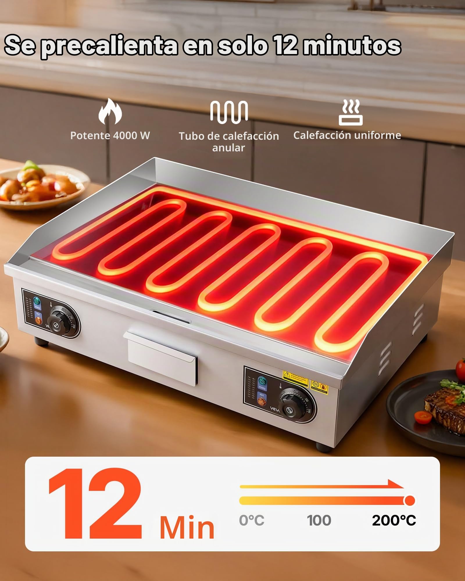 VEVOR Plancha Eléctrica 4000 W 655 x 400 mm, Control de Temperatura 50 a 300 °C, Parrilla de Encimera de Acero Inoxidable con Superficie Plana, 4 Almohadillas para los Pies, para Carne (Sin Enchufe)