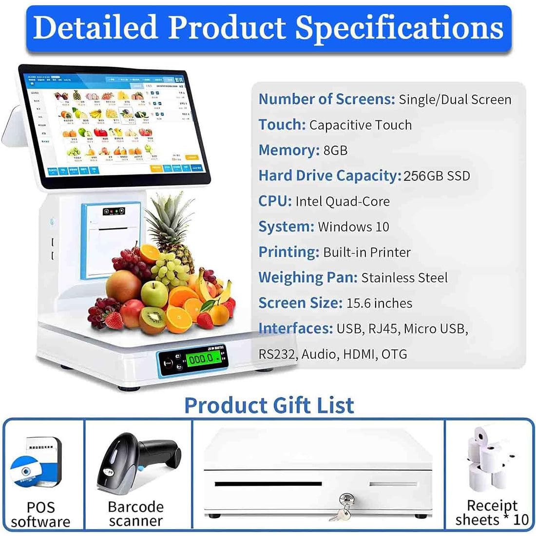 Système De Point De Vente avec Balance,Caisse Enregistreuse Windows,écran Tactile Capacitif 15,6 Pouces,pour Commerce Détail Et L'hôtellerie-Restauration,8 Go Ram,Ssd 256 Go,Imprimante 58 Mm
