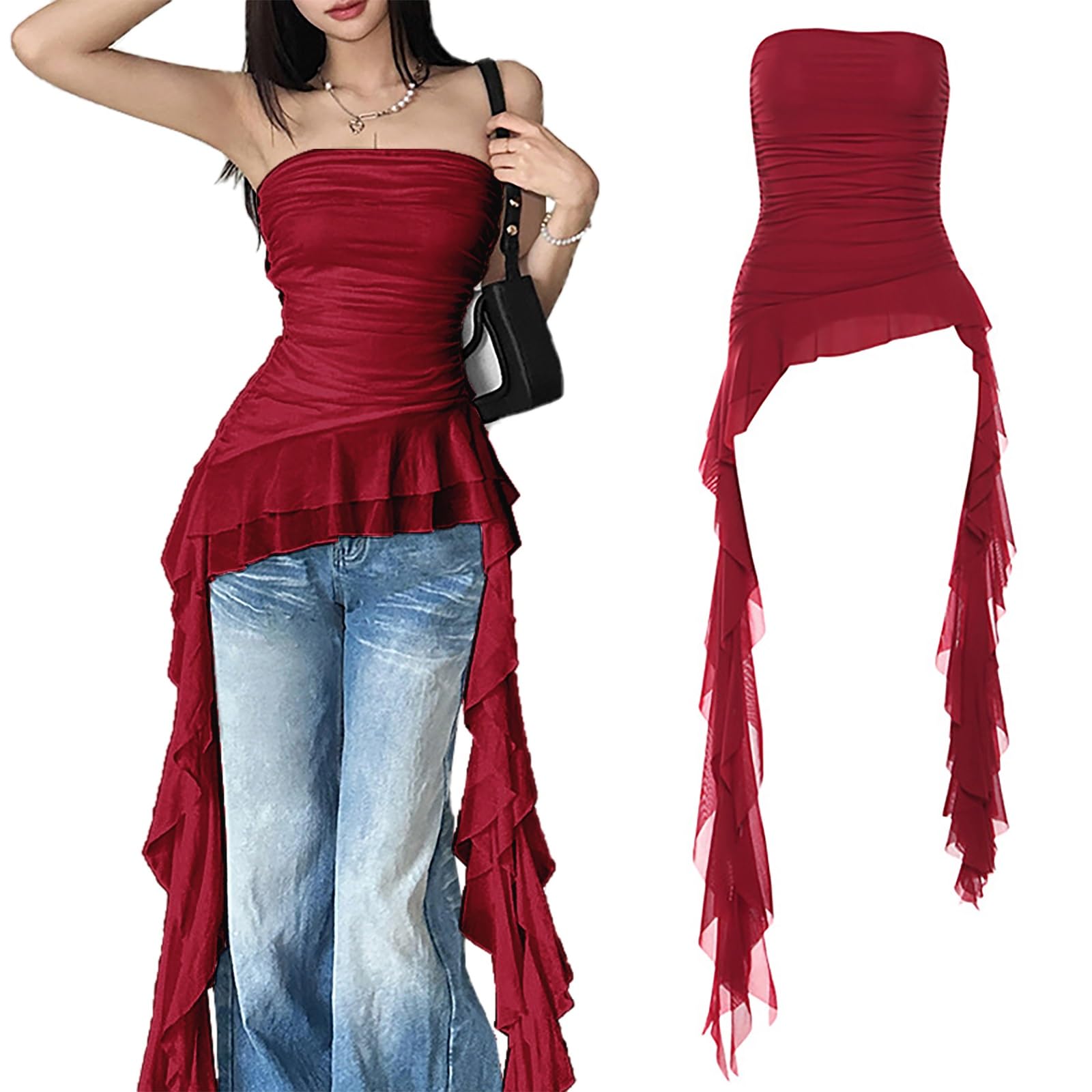 Women Ruched Tube Tops Dress Strapless Tops Ruffled Lace-up Tees Bandeau Cami Tanks Summer Shir(Red,S)