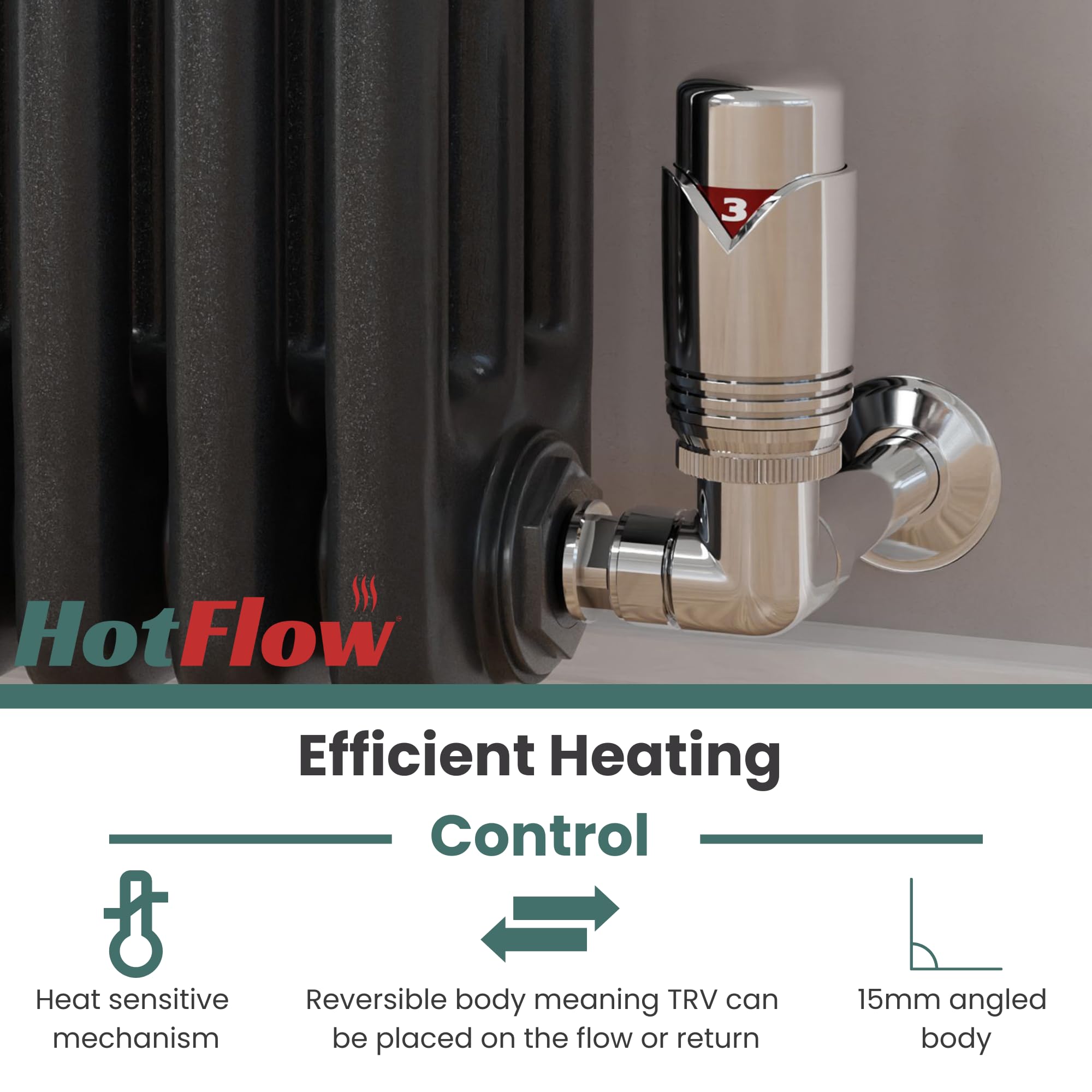 Valvola termostatica per radiatore Marella 3 Moderna ad angolo TRV. Include corpo TRV, testa ruota e scudo di blocco per un controllo rapido e semplice della temperatura.