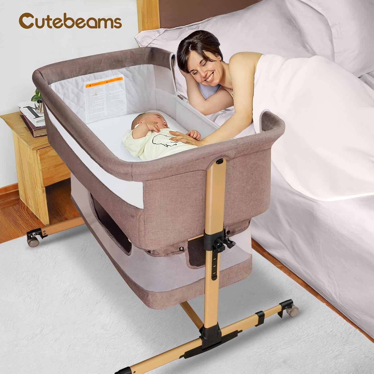 cutebeams Baby Bassinet, 3 in 1 Bedside Sleeper with Mattress and Mesh Sides, Mosquito Net, Storage Basket, with Rocking Function, 5-Height Adjustable, Easy Assemble Crib for Newborn, Khaki