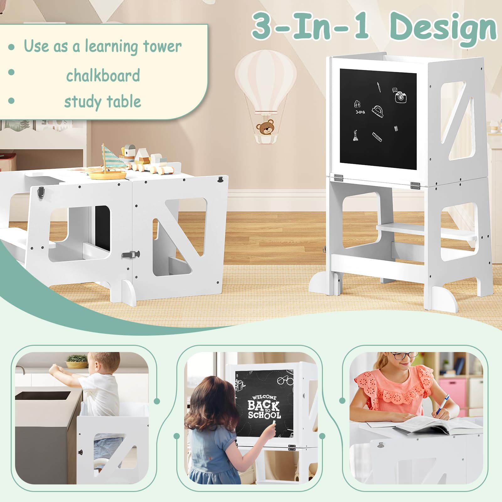 WOLTU Lernturm 3 in 1, Tritthocker Kinderhocker Kindertisch Tafel, Lernturm für Kinder, Küchenhelfer mit Rausfallschutz, faltbar, ab 3 Jahr, Weiß