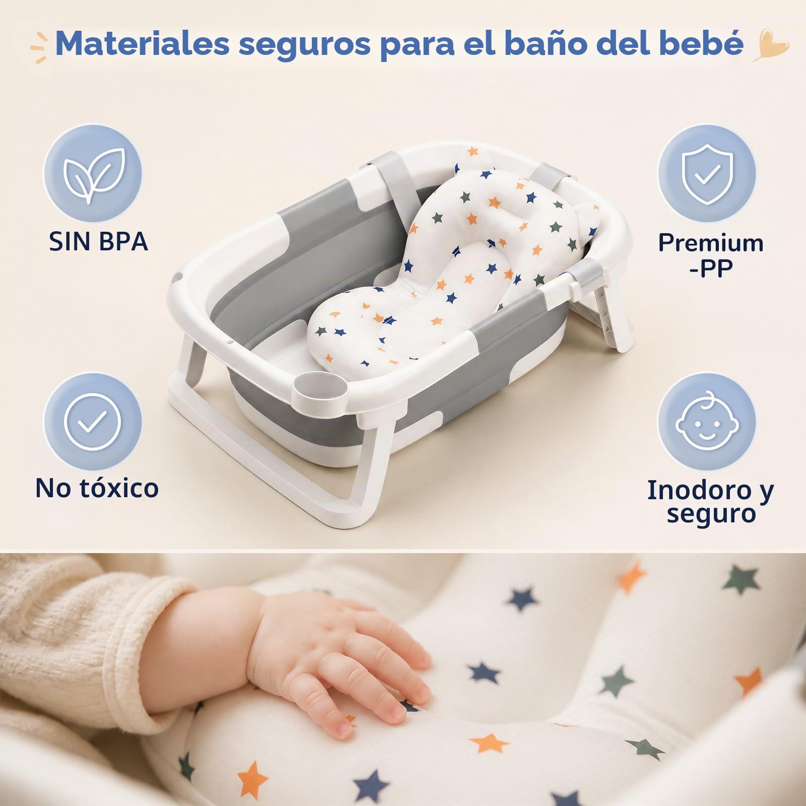 DEANIC Bañera Plegable Bebé, Asiento Bañera Bebe Para Recién Nacidos De 0 a 24 Meses, Bañeras Para Bebes Con Cojin, Baño Bebe Portátil, Ahorra Espacio (Gris)
