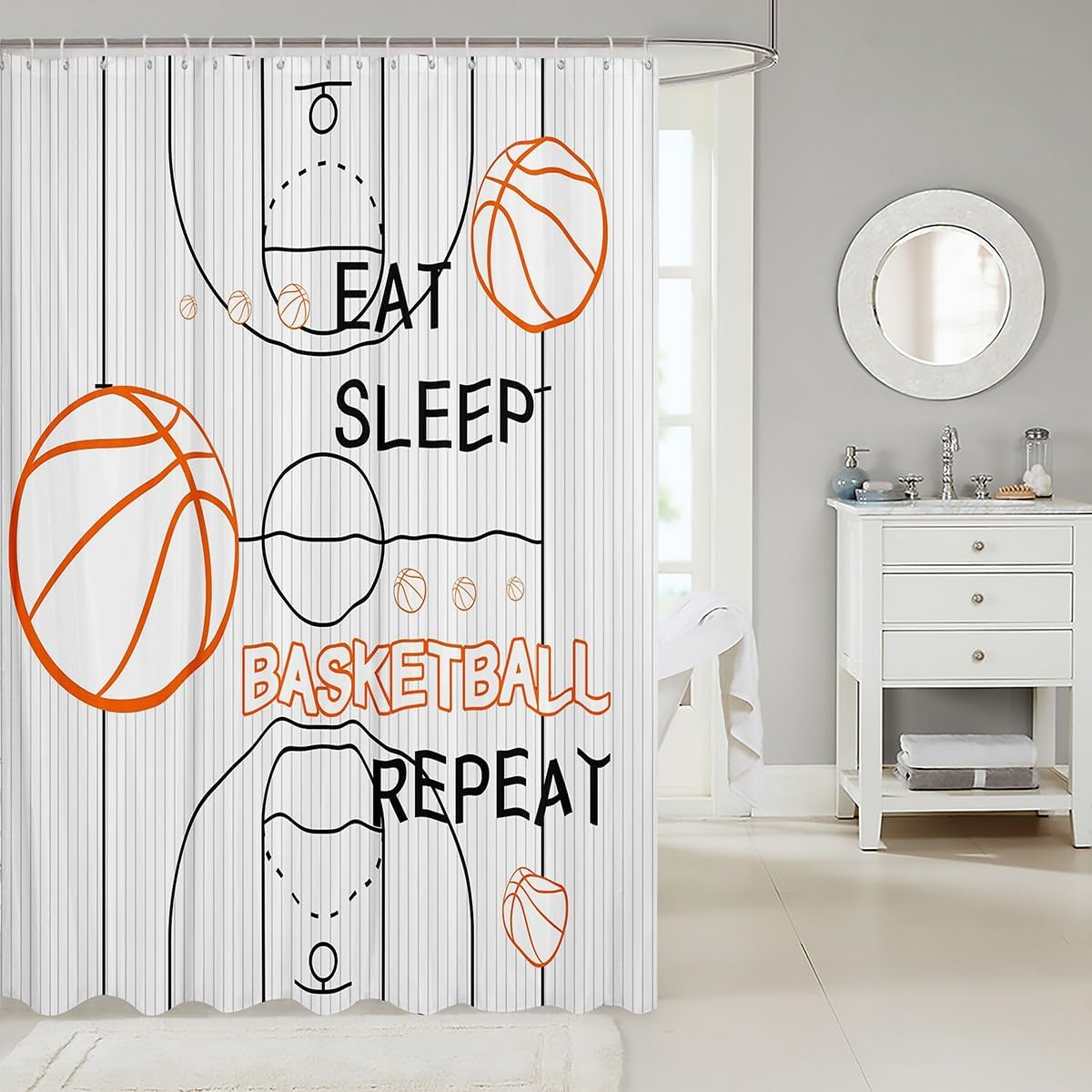 jejeloiu Kids Basketball Shower Curtain 72"x72" Basketball Court Bathroom Shower Curtain Set Boys Girls Eat Sleep Basketball Ball Pattern Bath Curtain Gaming Sports Theme White Bathroom Accessories image 2