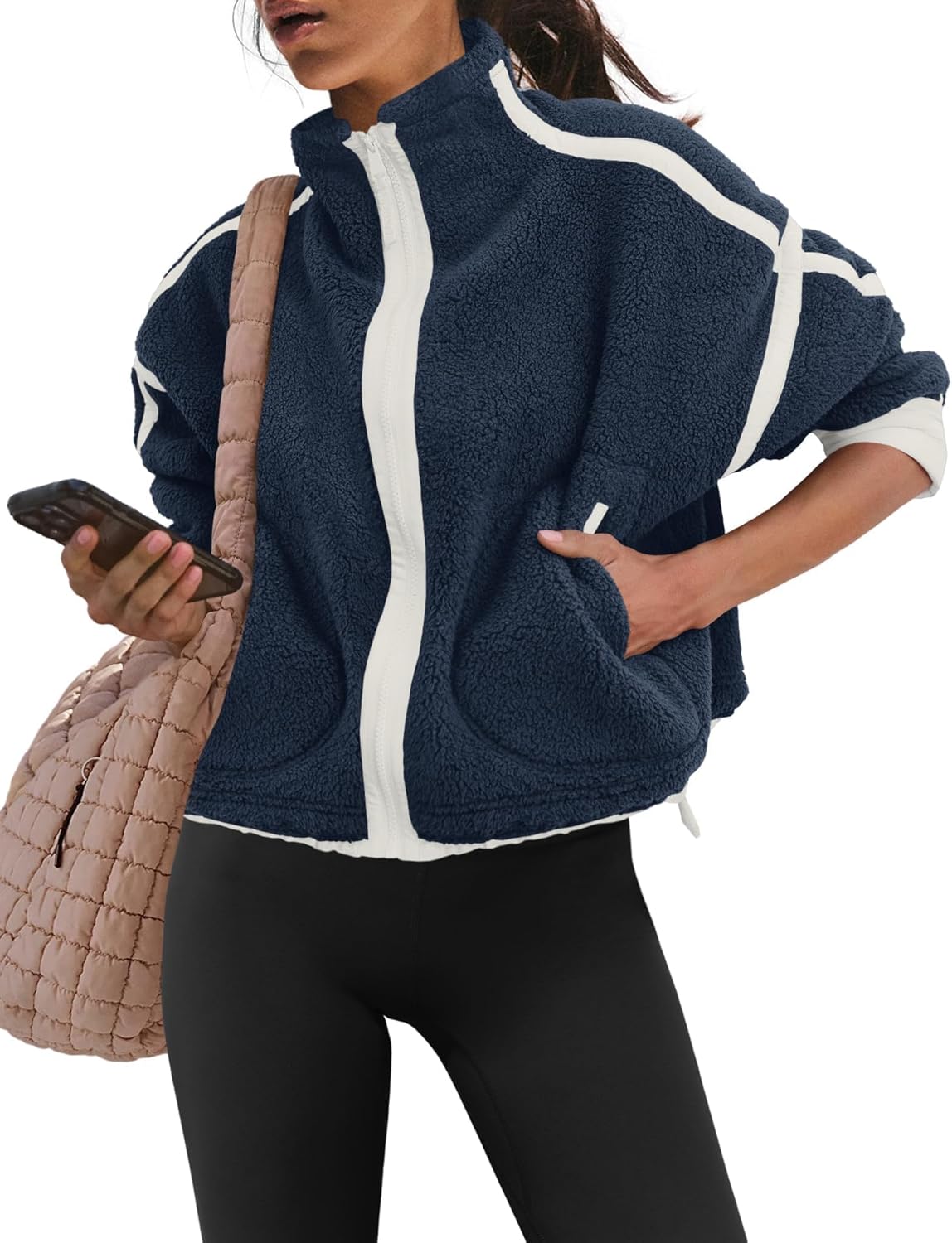 Women Fleece Jacket Zip Up Fuzzy Sherpa Jackets Long Sleeve Winter Outerwear Casual Daily Chilly Outings with Pockets