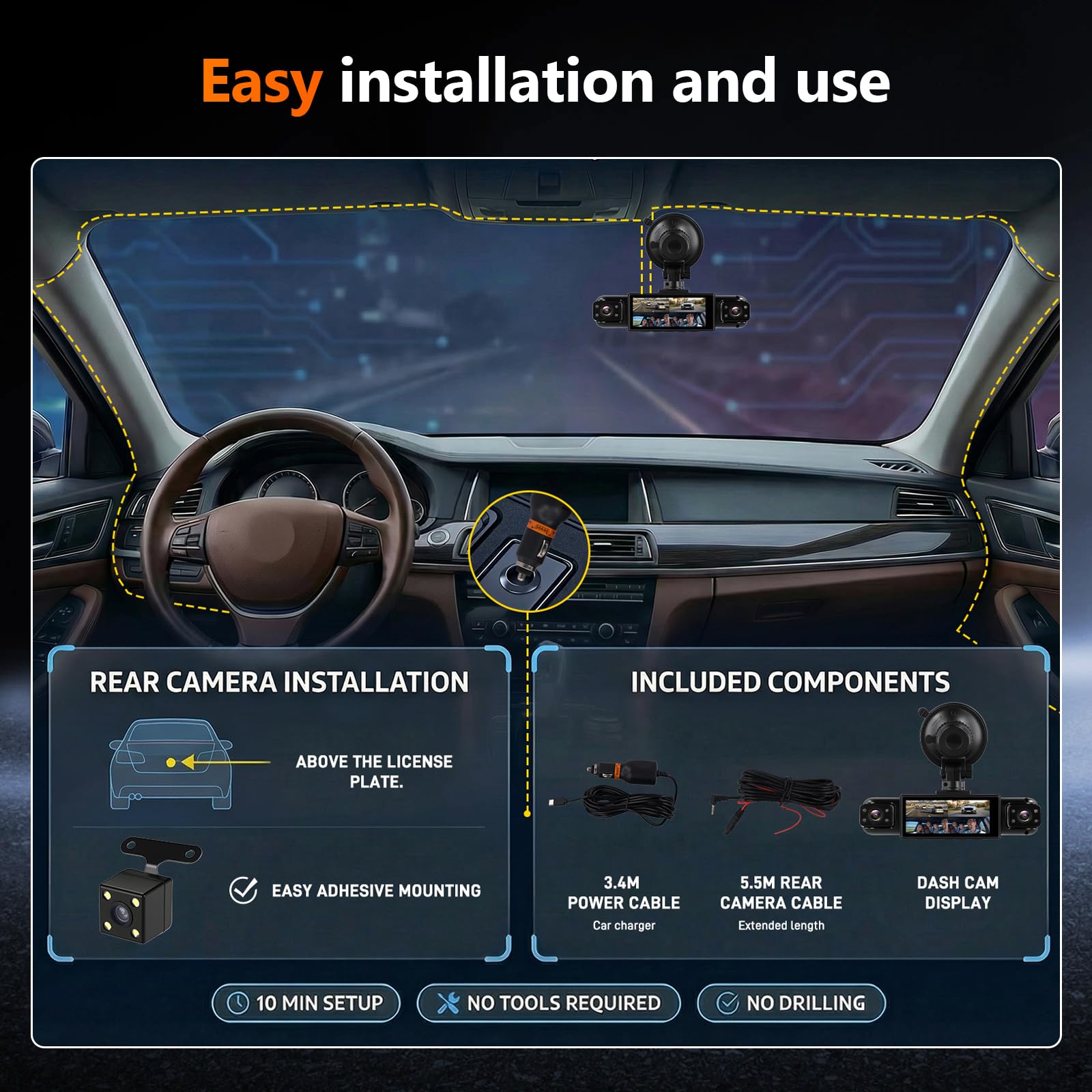 Espejo retrovisor de 4 canales, cámara de 3,16 pulgadas, 1080P, cámara cuádruple para coche, DVR con grabación en bucle, visión nocturna, asistente de aparcamiento, tarjeta TF de 64 GB para