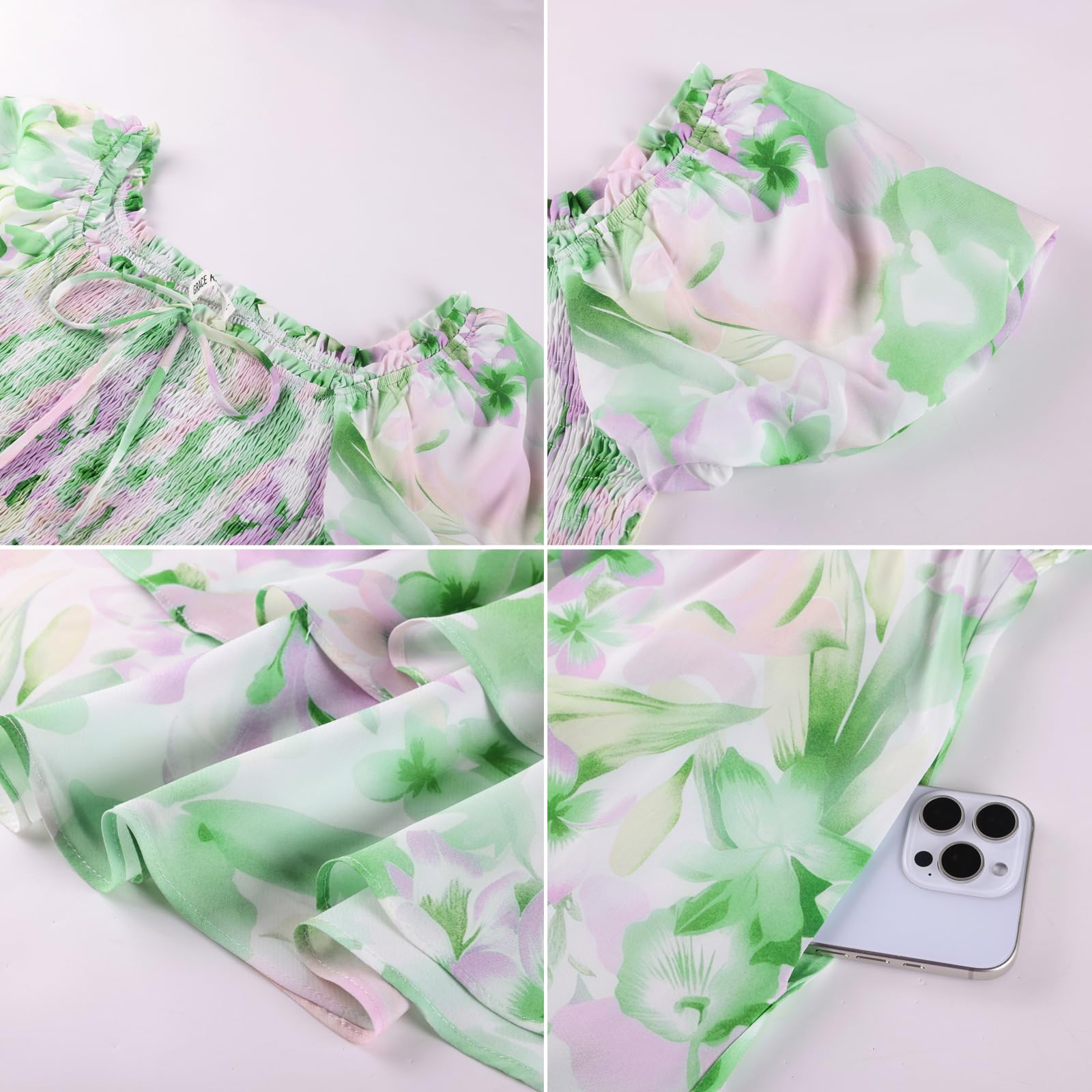 GRACE KARIN Robe d'été pour femme - Col carré - Smocké - Robe florale | Robes d'été pour invitées de mariage pour femmes, robes longues décontractées et élégantes à manches bouffantes avec poches