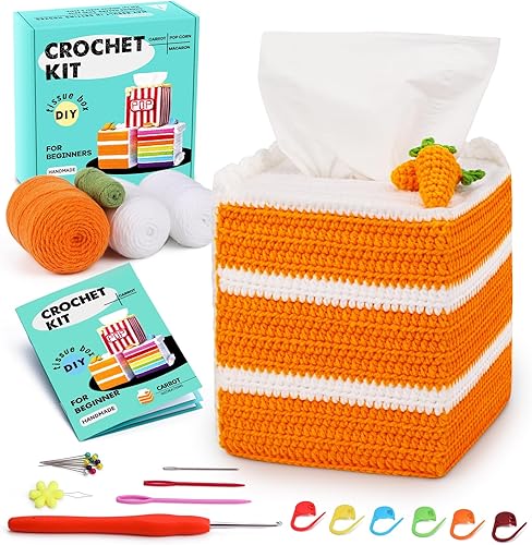 Pnytty Kit de ganchillo para principiantes, kit de iniciación de tejido, soporte de cubierta de caja de pañuelos con tutoriales en video paso a