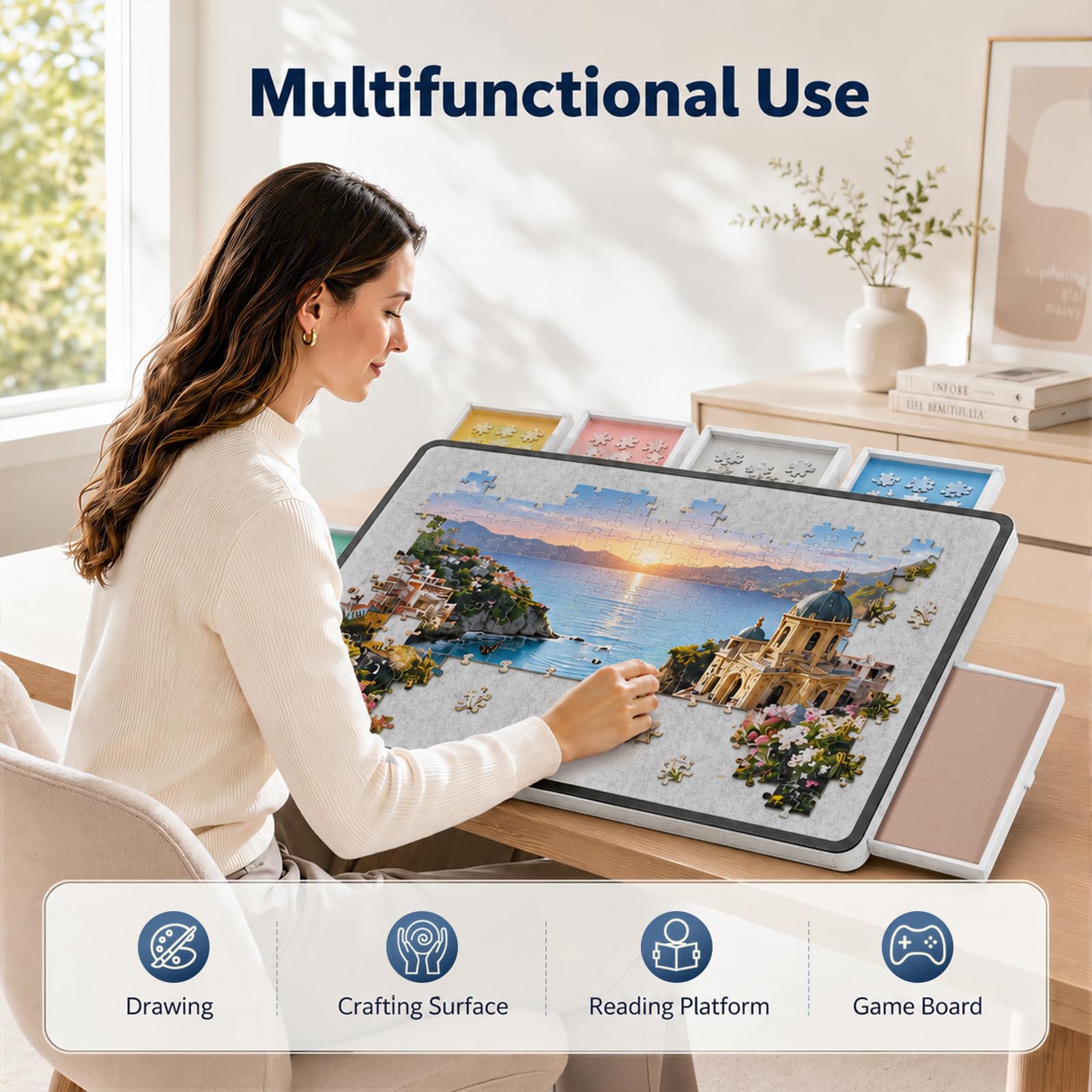 Tablero para Rompecabezas de 1500 Piezas con 6 cajones y Cubierta – Mesa Plegable con 4 ángulos de inclinación, Mesa Ligera y portátil con Almacenamiento y Soporte Integrado para Adultos