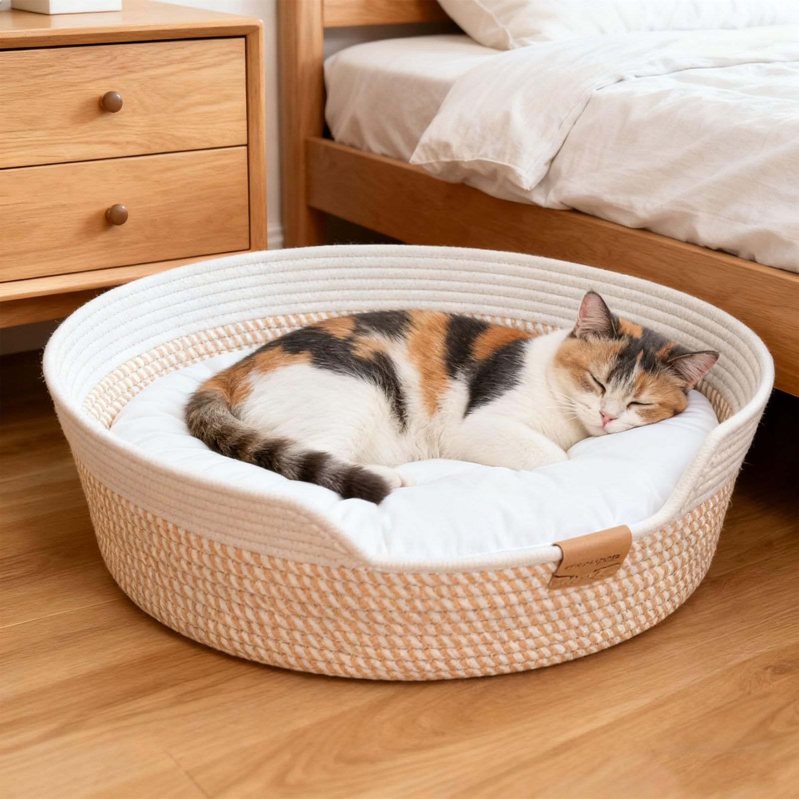 Cama para Gatos con Cojín y Cuerda de Algodón Tejida | Cesta de Gato Lavable Resistente al Desgaste, Camas para Gatitos de Interior, Cama Cálida Universal para Todas las Estaciones