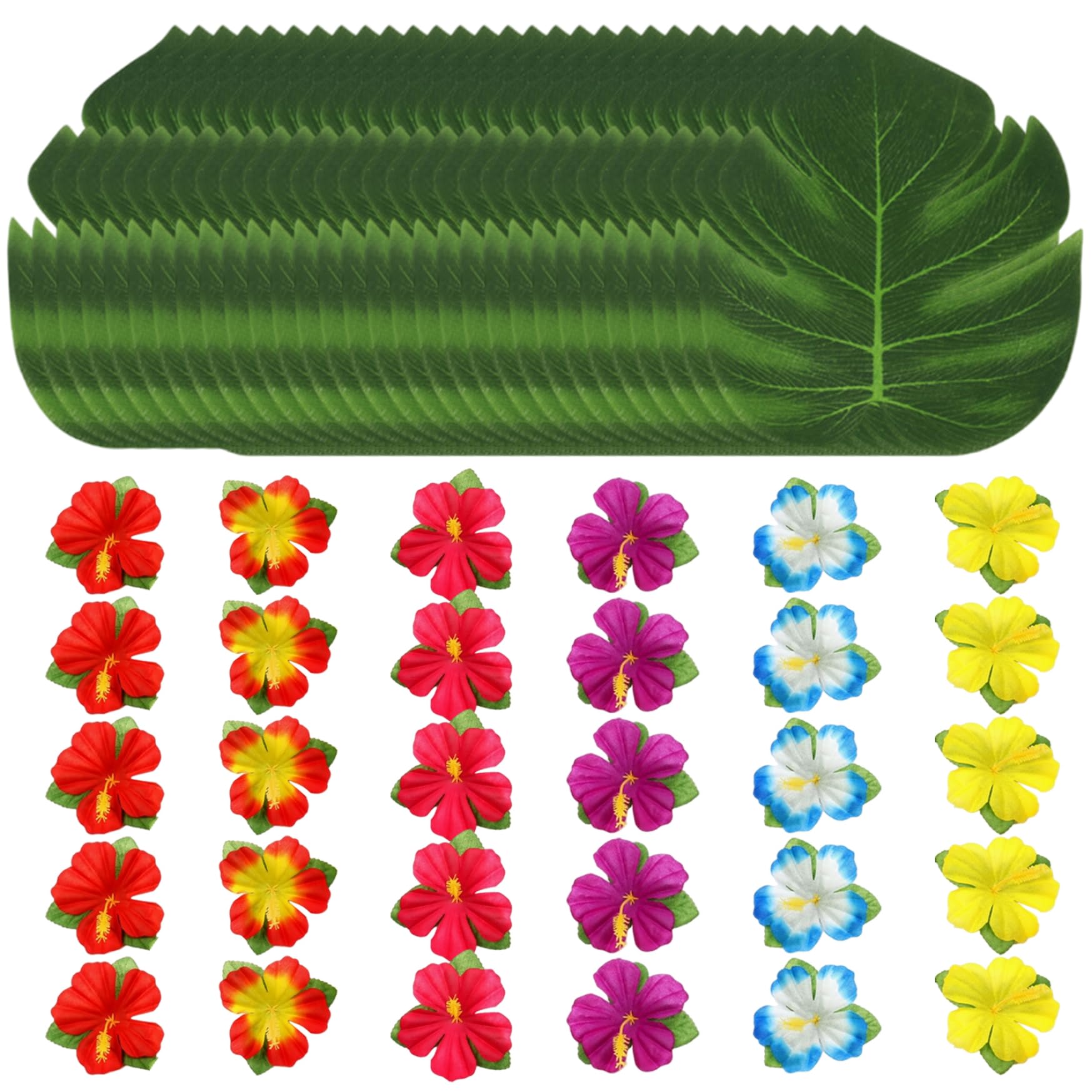 PithCogent Hawaiian Centerpieces for Tables|Hawaiian Party Decorations, 60PCS Colorful Hibiscus Flowers and 8" Turtle Leaves, Silk Cloth Tropical Party Decorations for Beach Theme Table Decor
