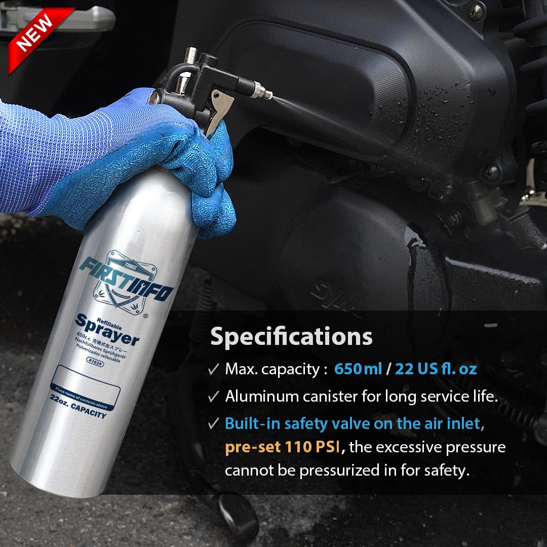 FIRSTINFO A1634 | Bottiglia spray ricaricabile per pulitore freni 650 ml | Alluminio | Spruzzatore a pressione max 110 psi | Bomboletta aerosol riutilizzabile | Ugello nebulizzazione