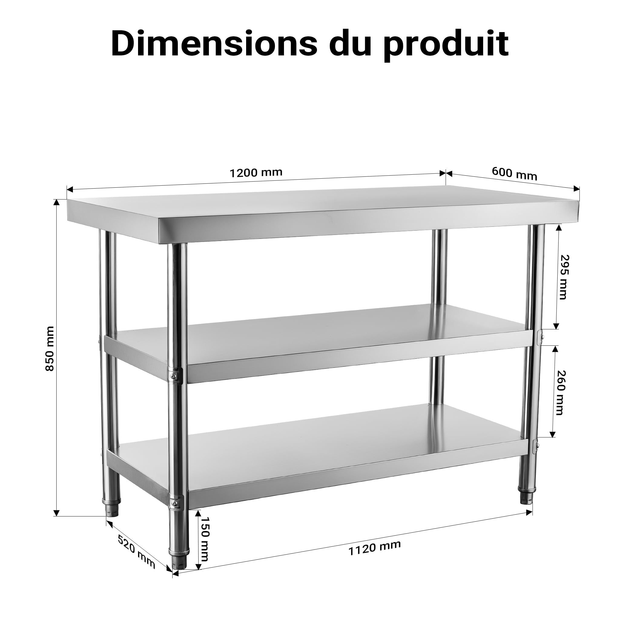 WilTec Table de Travail – 1200 x 600 x 850 mm – en Acier Inoxydable – avec 2 Étagères et Pieds Ajustables – Établi INOX Table INOX