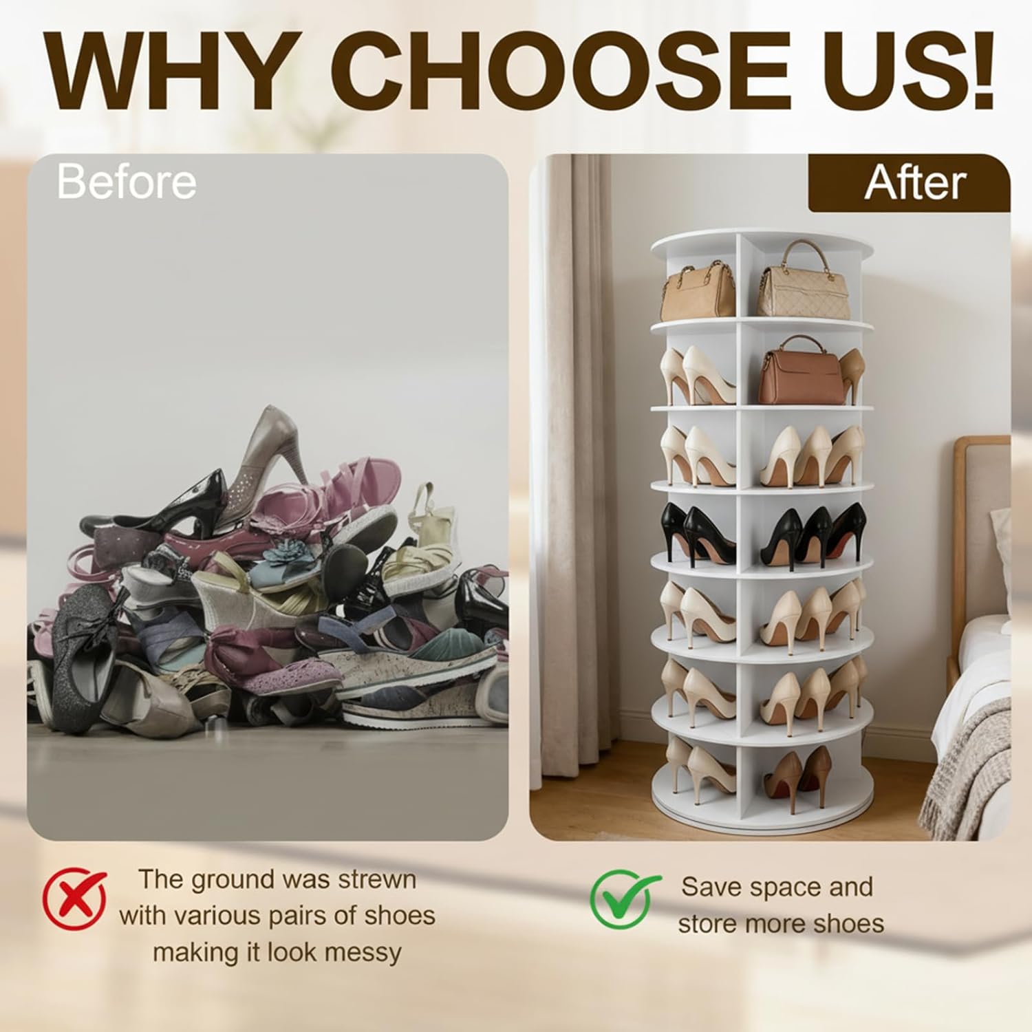 Rotating Shoe Rack Tower 7 Tier Organizer, Vertical Spinning Shoe Display Lazy Susan, Revolving 360 Ivor Shoe Rack Storage Round Carousel, Rotate Shoes Closet Organization for Entryway Living Hallway